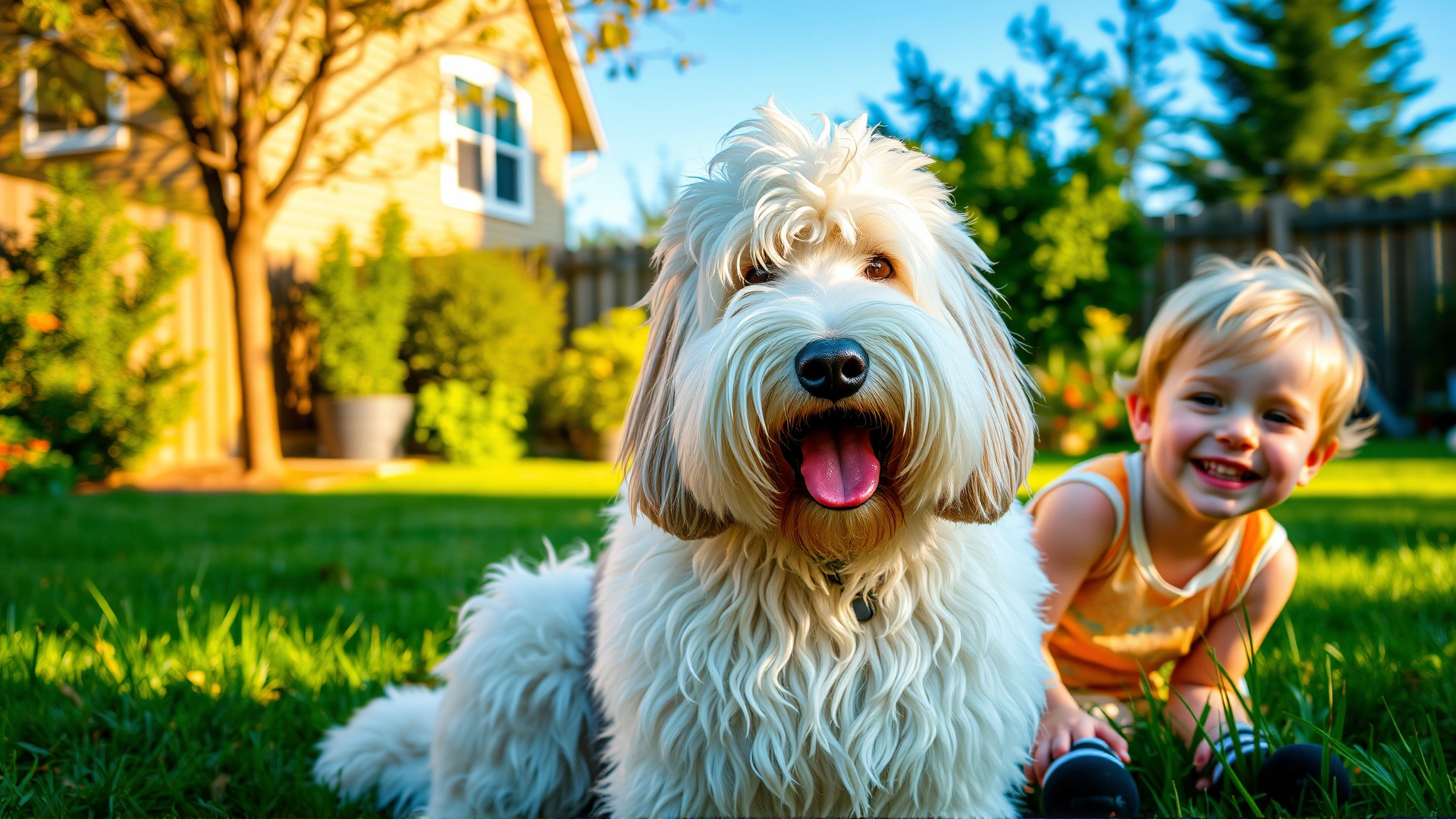 Old English Sheepdog sitting with two smiling children in a backyard, warm afternoon light, no text