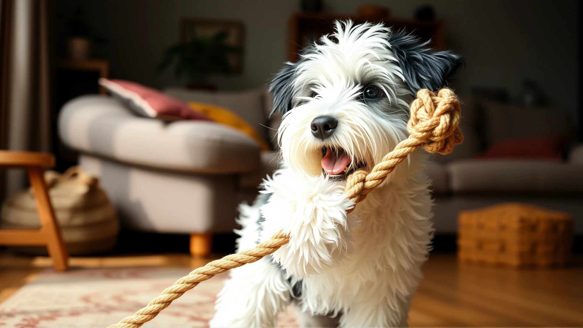 Playful Old English Sheepdog puppy tugging on a rope toy inside a cozy living room, natural lighting, no text