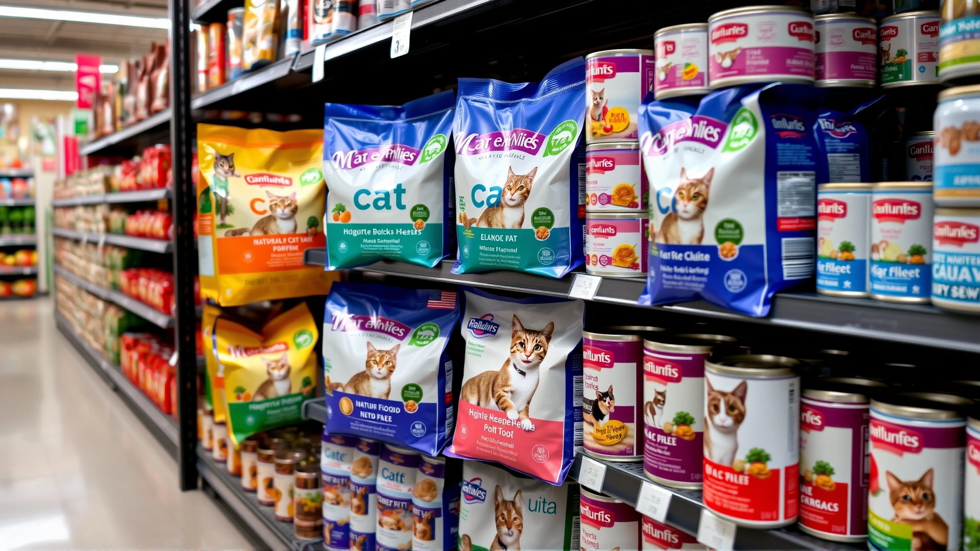 Pet store aisle showing neatly arranged bags and cans of cat food labeled with different claims like natural, holistic, grain-free, etc.