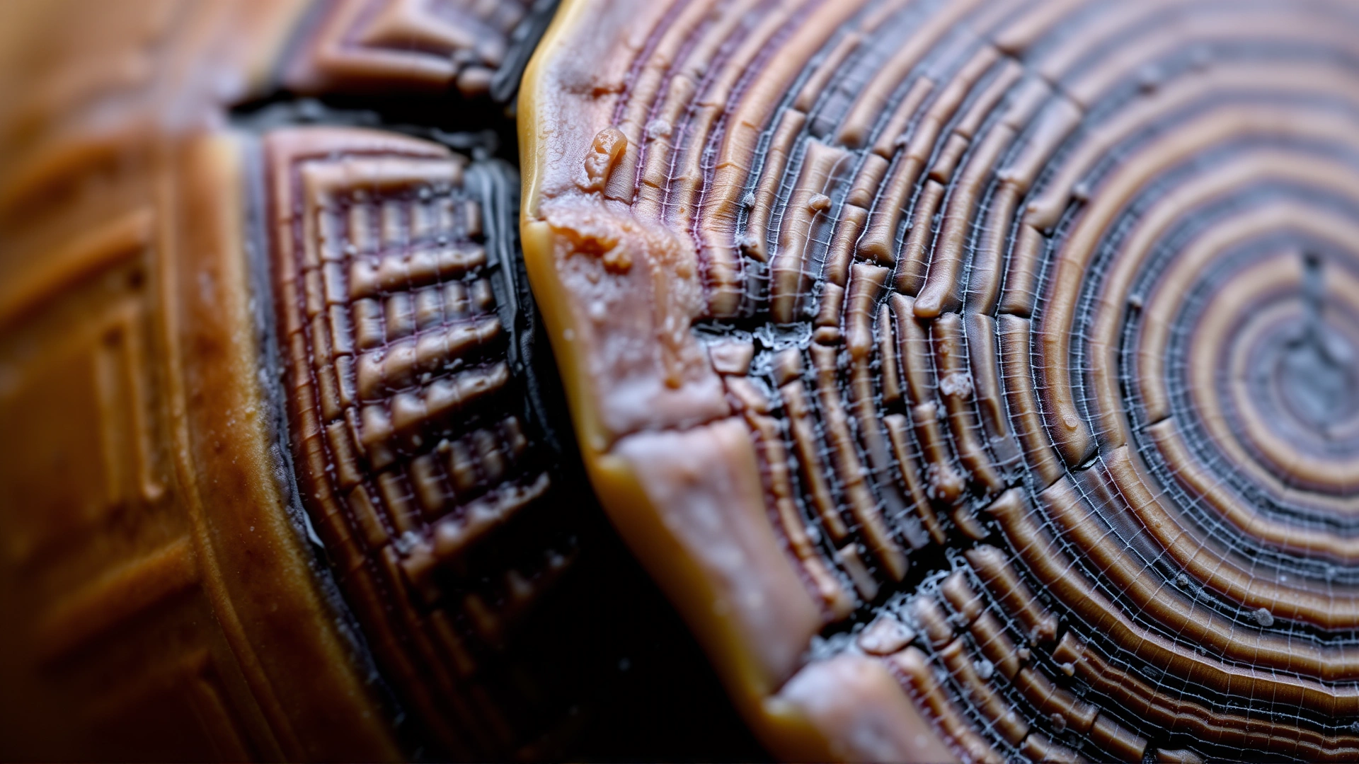 Macro shot of a turtle's shell scutes with visible concentric growth rings highlighting texture and detail