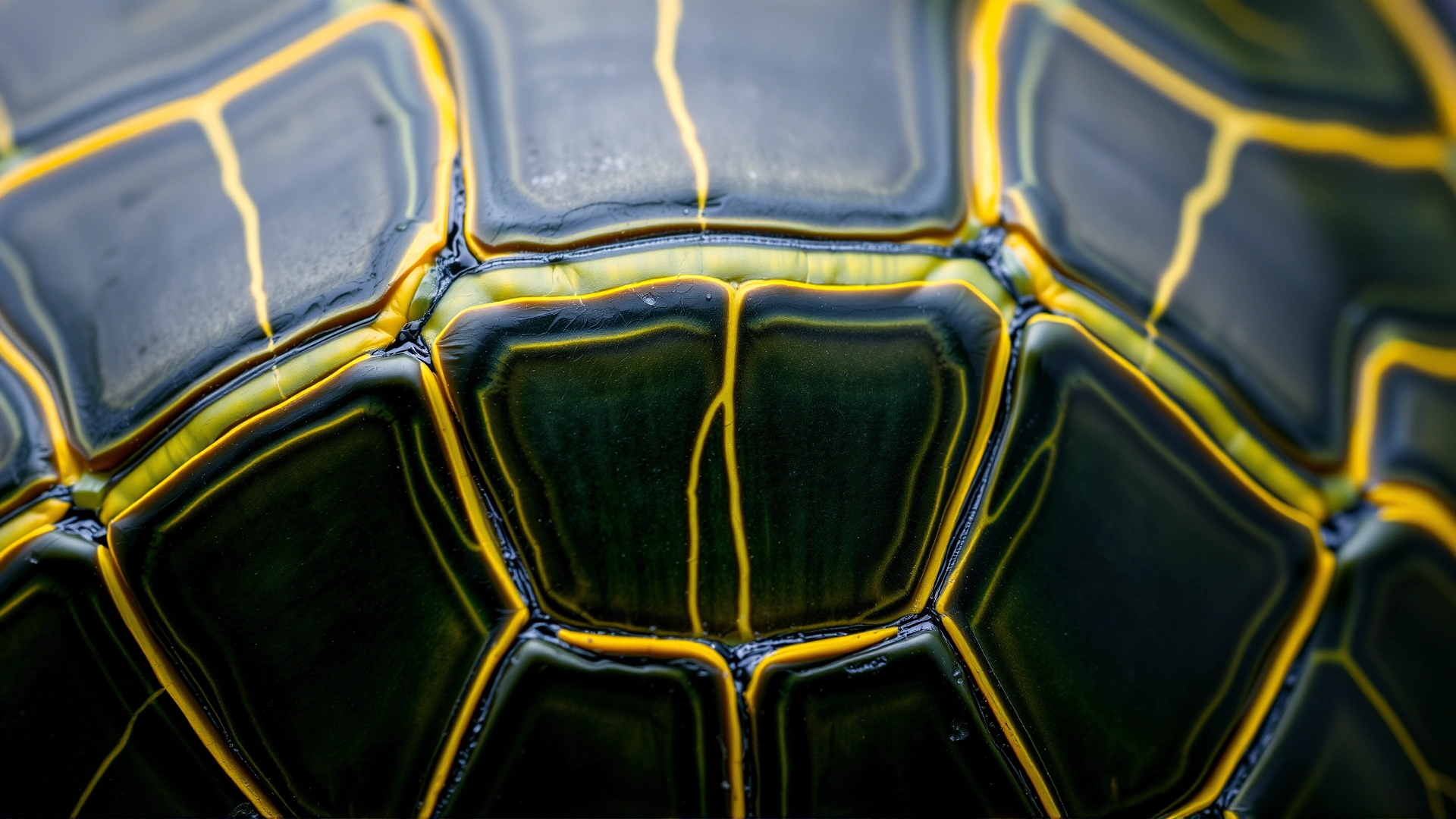 Macro photograph of the carapace of a Mississippi map turtle, showing the map-like yellow lines against dark green shell.