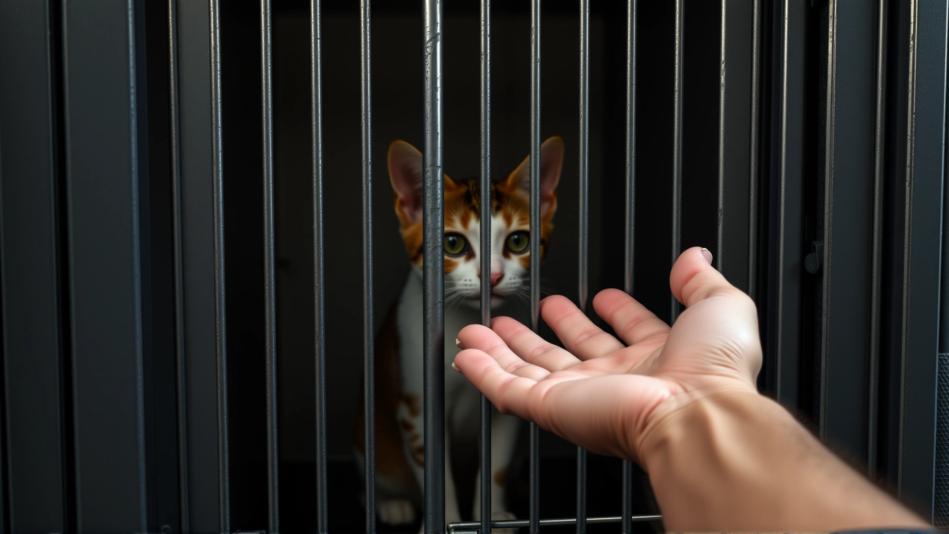 Human extending open hand toward cautious shelter cat inside kennel, soft lighting