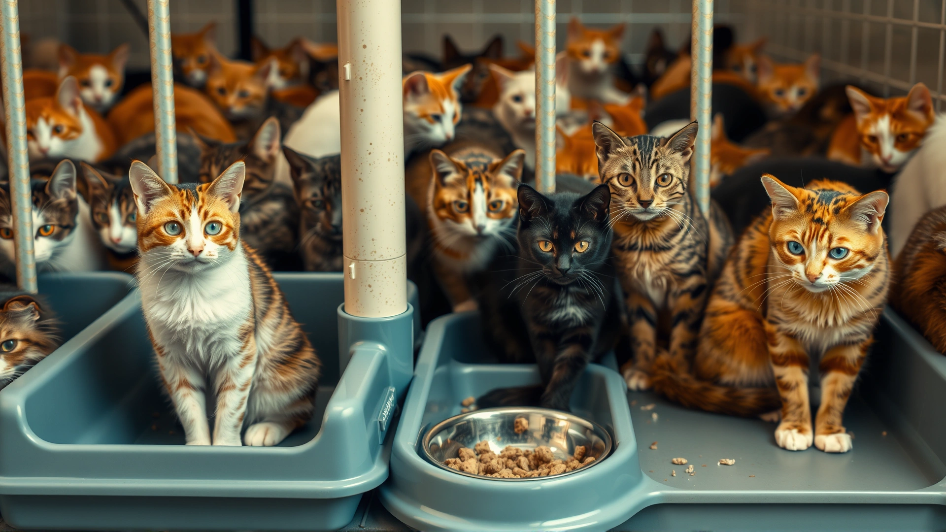 Several cats in an overcrowded animal shelter environment, sharing litter boxes and food bowls, illustrating higher infection risk.
