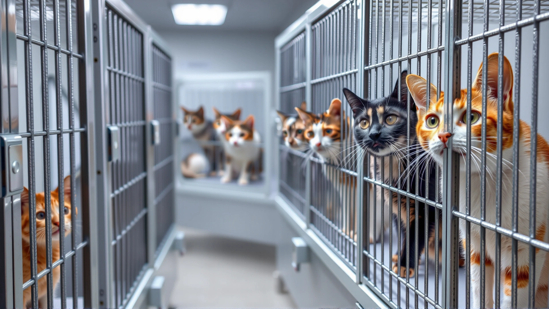 Row of adoptable cats in clean shelter cages looking out with hopeful expressions, bright but soft lighting