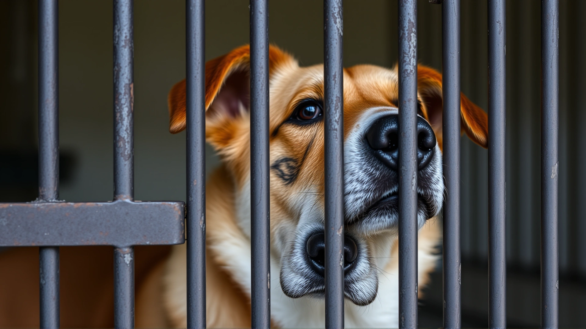 A calm adult dog behind the bars of an animal shelter kennel, soft natural light, hopeful expression.