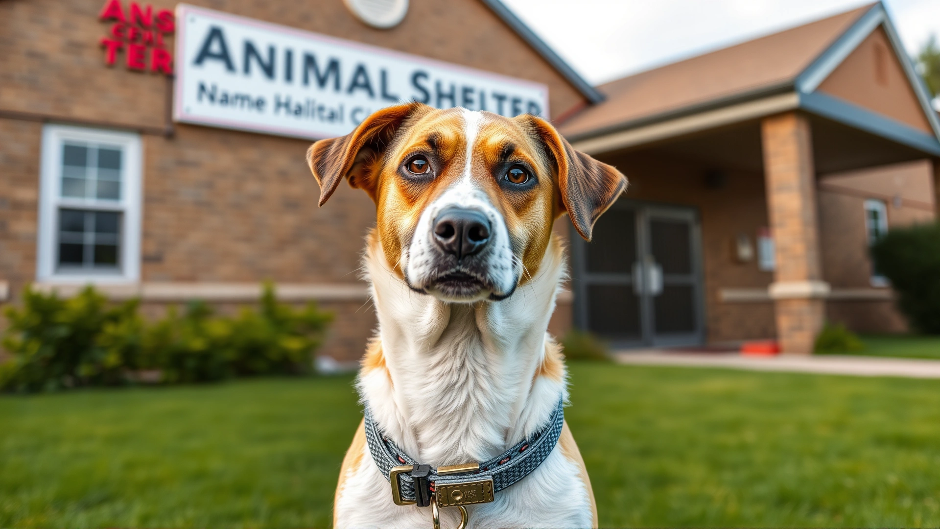 A recently adopted dog wearing a new collar, standing in front of an animal shelter building, symbolizing name change after adoption.