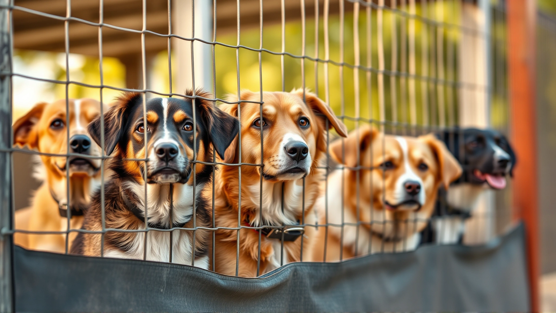 Row of dogs behind shelter fencing looking hopeful, daylight, shallow depth of field