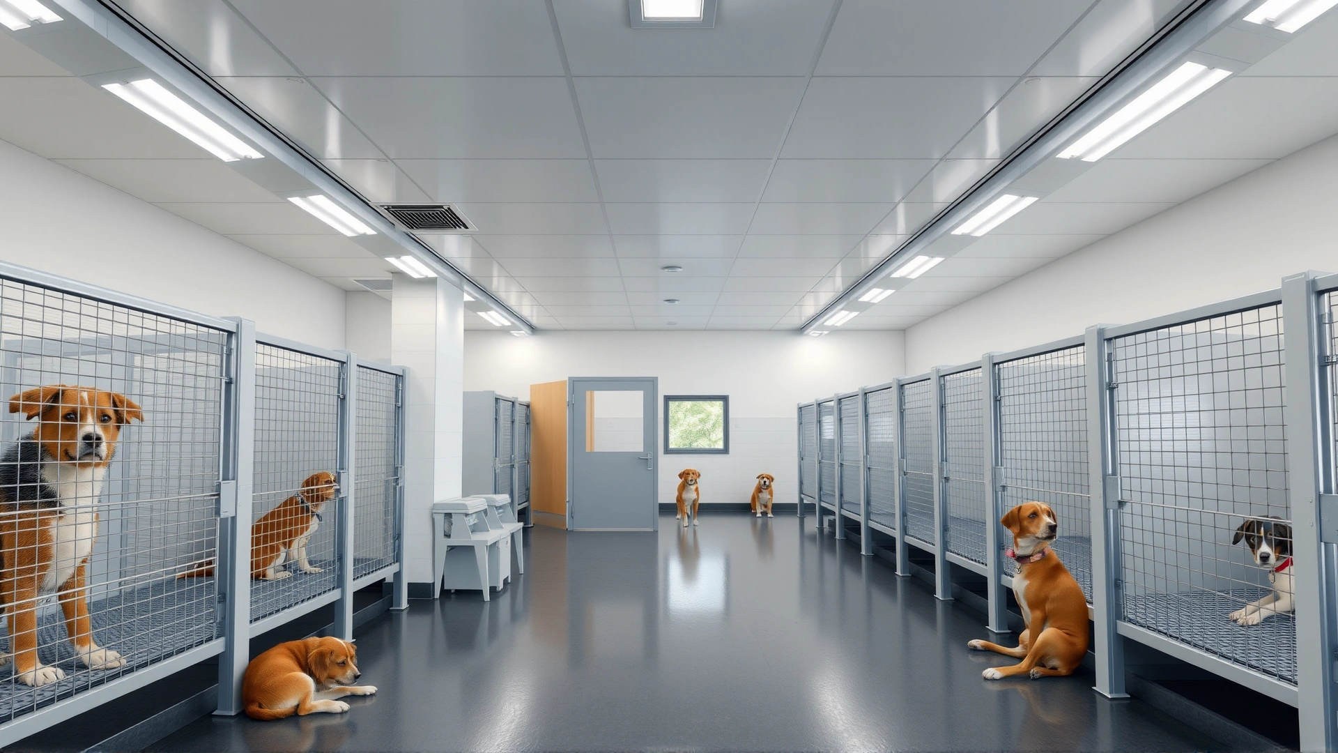 Wide shot of a modern, clean animal shelter interior with spacious kennels and relaxed dogs