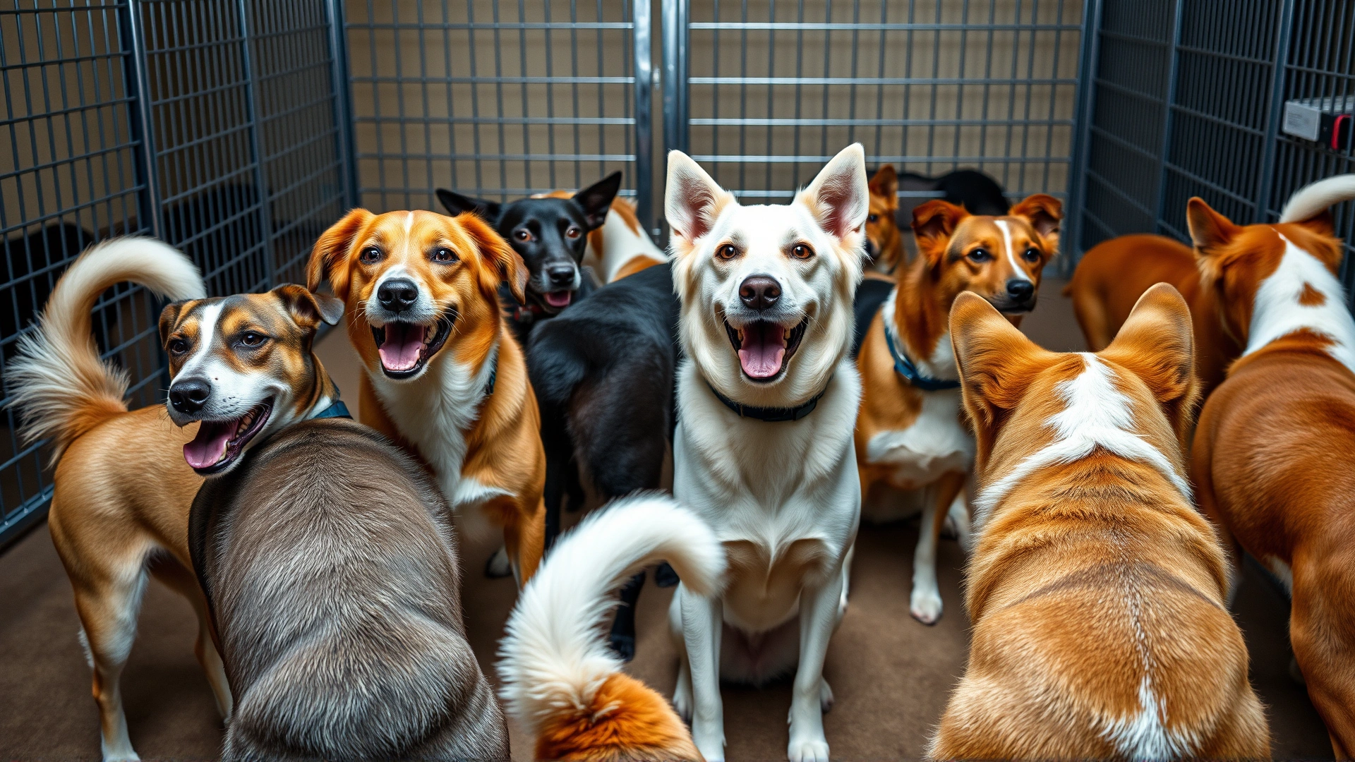 Group of mixed-breed dogs in an animal shelter play area, tails wagging and bodies relaxed, conveying reduced stress.