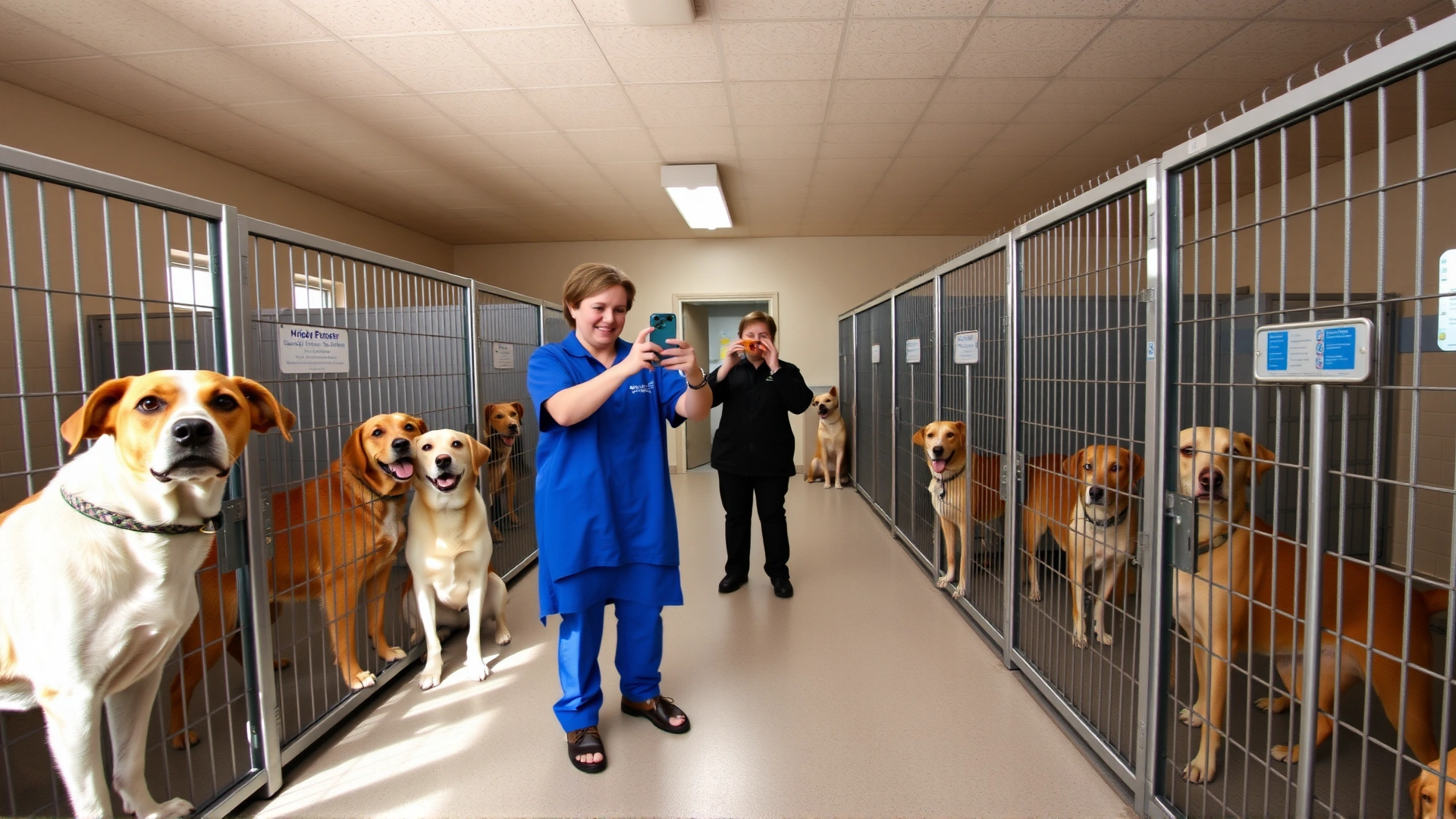 Wide-angle shot of an animal shelter interior with clean kennels, several dogs looking at the camera, and a staff member taking photos with a smartphone; natural lighting, uplifting atmosphere.