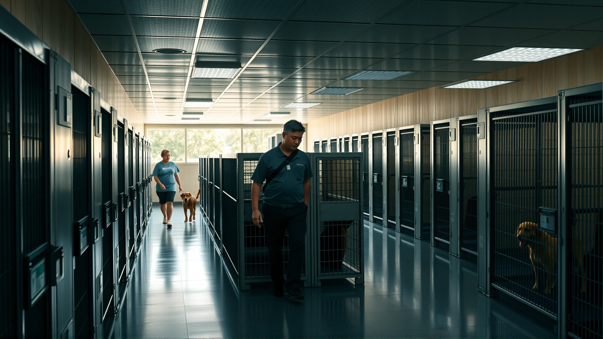 Interior hallway of an animal shelter showing multiple occupied dog kennels on both sides and a volunteer walking in the distance, daylight, documentary style, no text