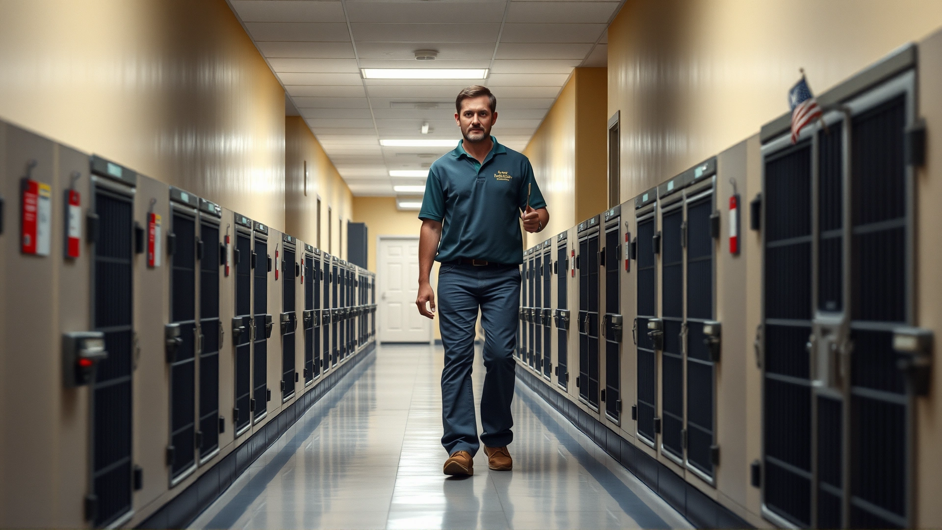 Volunteer walking through animal shelter hallway with rows of kennels, subtle depth of field, documentary style