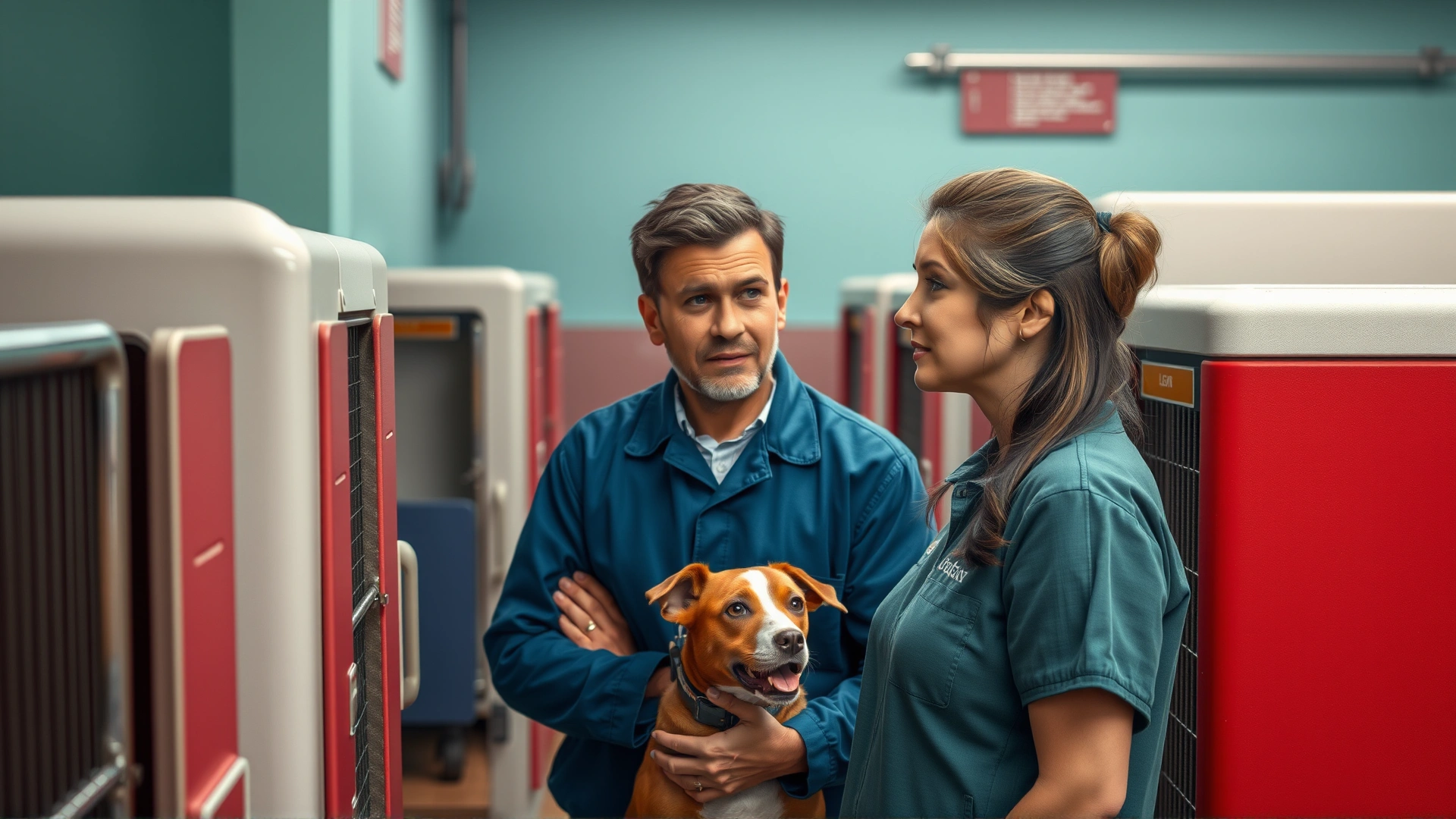 Owner speaking with a shelter worker while looking at kennels, hopeful expression.