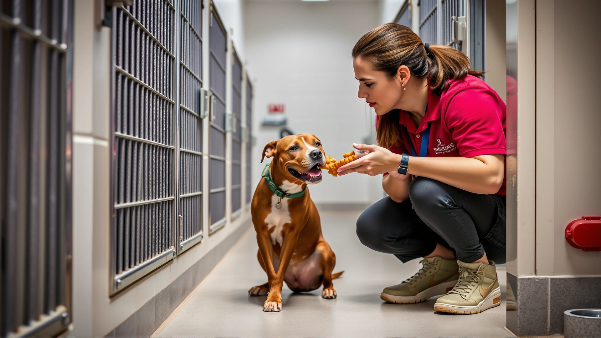 Animal shelter volunteer kneeling beside a Pit Bull in a kennel corridor, offering treats through the bars.