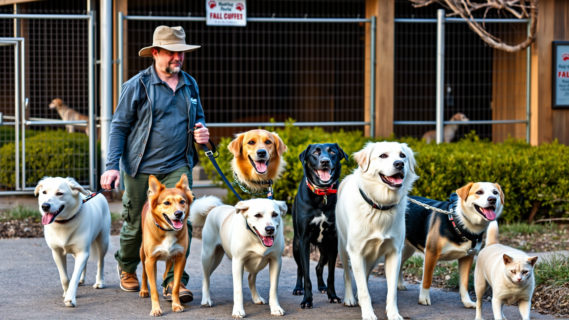Volunteer wearing casual clothes walking several rescue dogs outside an animal shelter