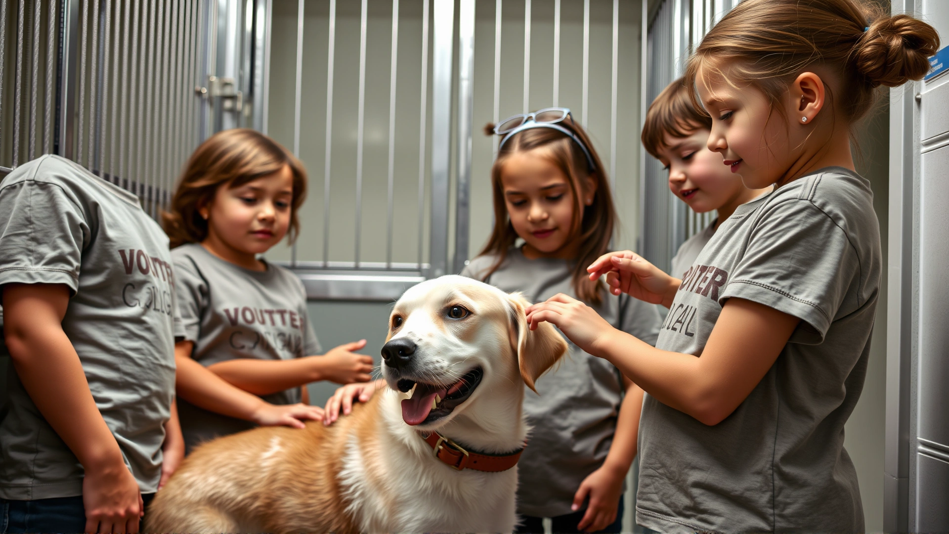 A small group of kids wearing matching volunteer T-shirts gently brushing a shelter dog inside a clean kennel area.