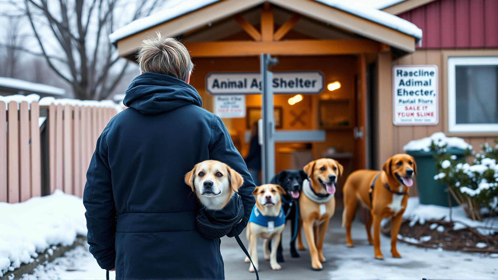 Volunteer wearing a winter coat walking multiple dogs outside an animal shelter on a lightly snowy day, showing community support.