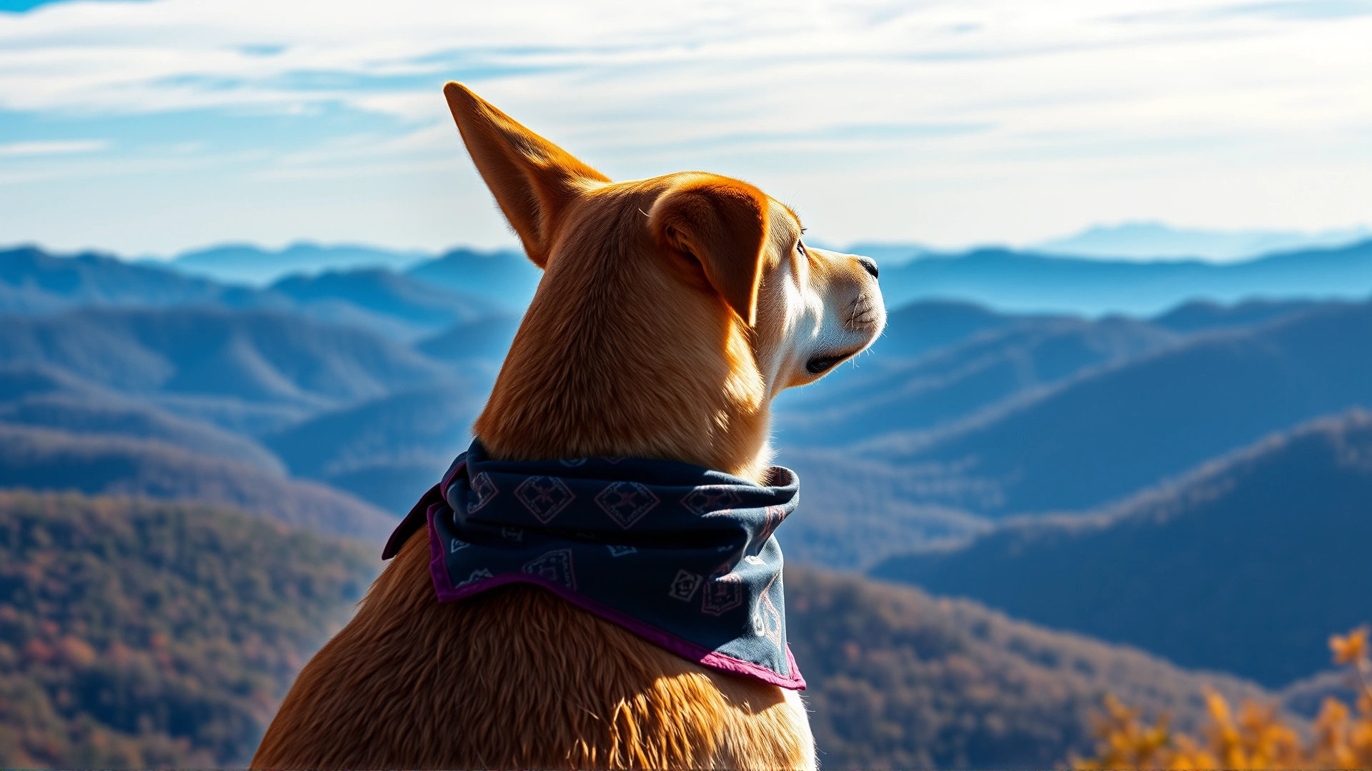 Dog wearing a bandana looking out over rolling blue mountains of Shenandoah National Park during autumn.