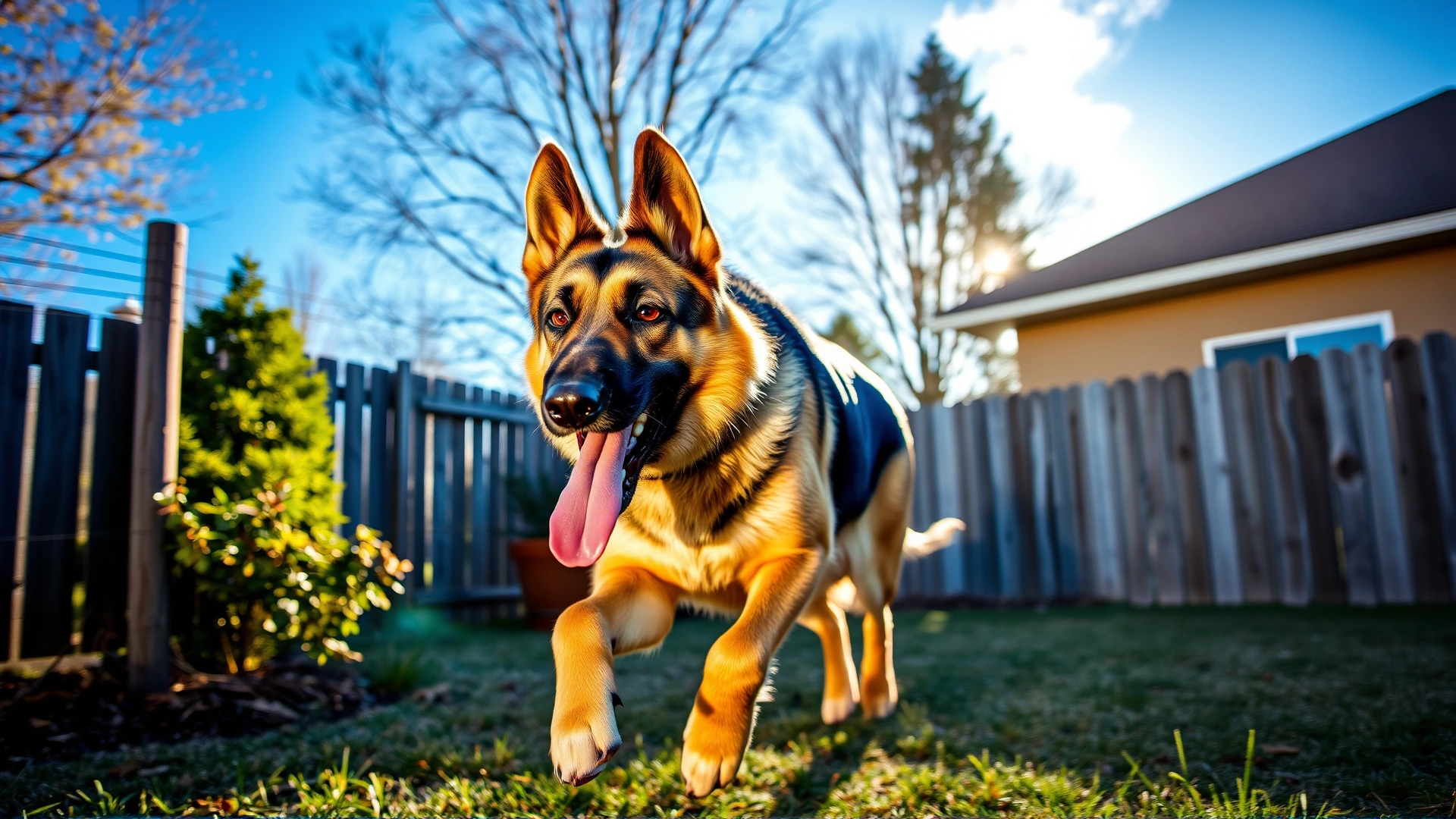 German Shepherd sprinting across a fenced backyard with tongue out, late afternoon sunlight highlighting its fur
