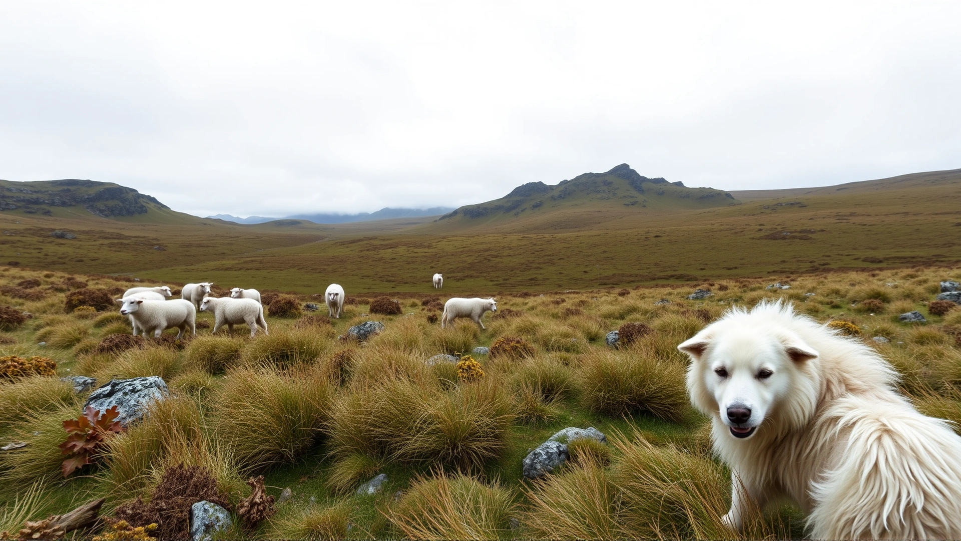 Wide shot of a rugged Shetland Island landscape with a small flock of sheep grazing and a Shetland Sheepdog herding in the foreground, overcast sky.