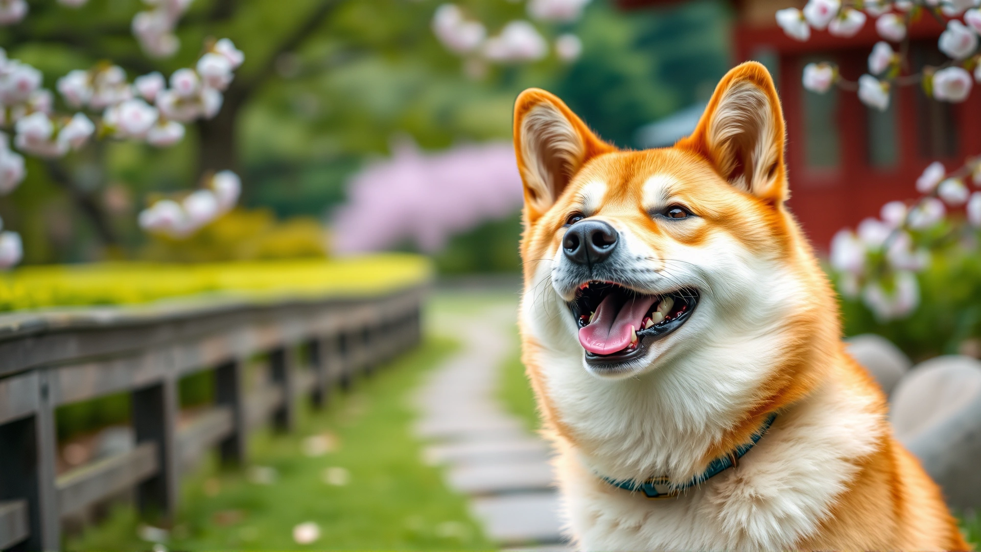Close-up of a happy Shiba Inu dog in a traditional Japanese garden with cherry blossoms in soft focus