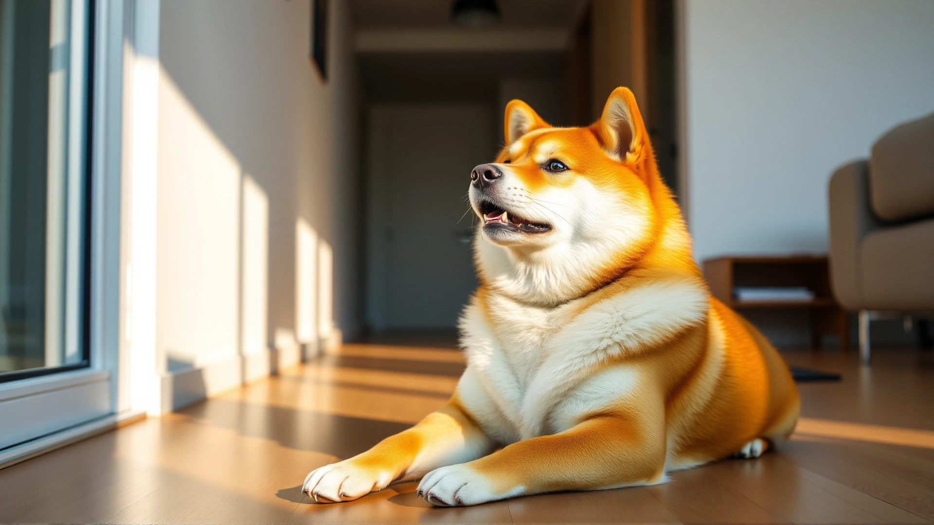 Shiba Inu sitting gracefully on a minimalist apartment floor with warm sunlight streaming in.