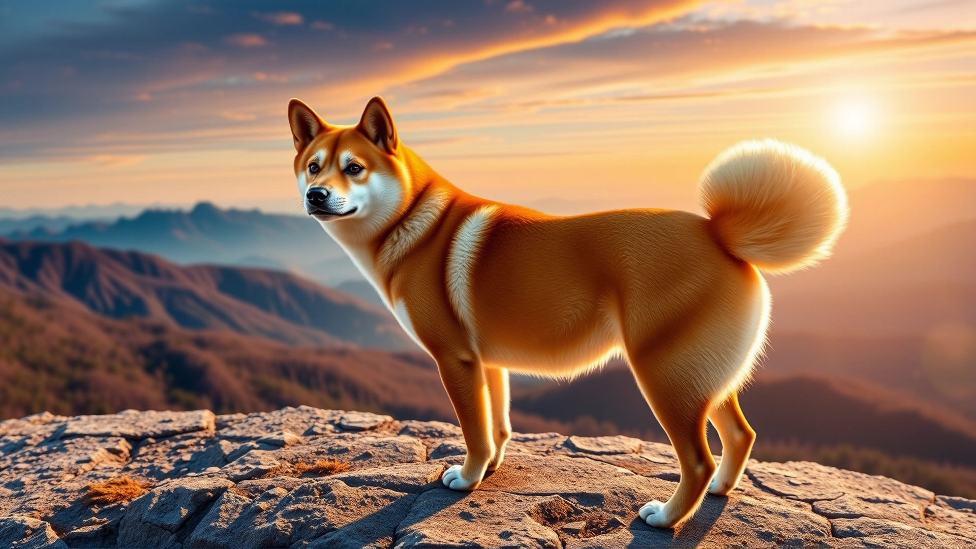 Shiba Inu standing on a mountain overlook at sunrise, tail curled and ears forward.
