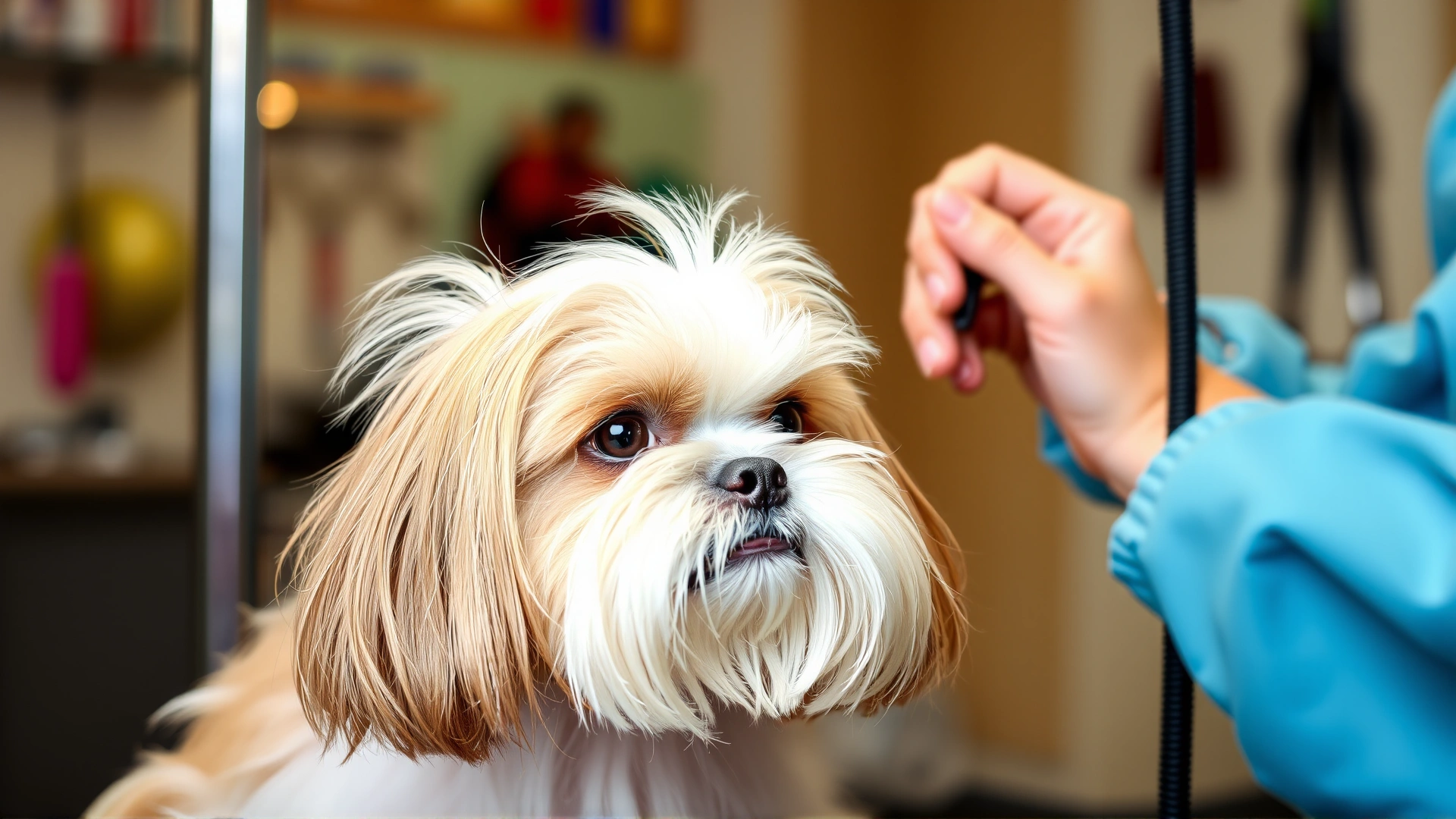 A Shih Tzu getting its long hair trimmed at a professional groomer