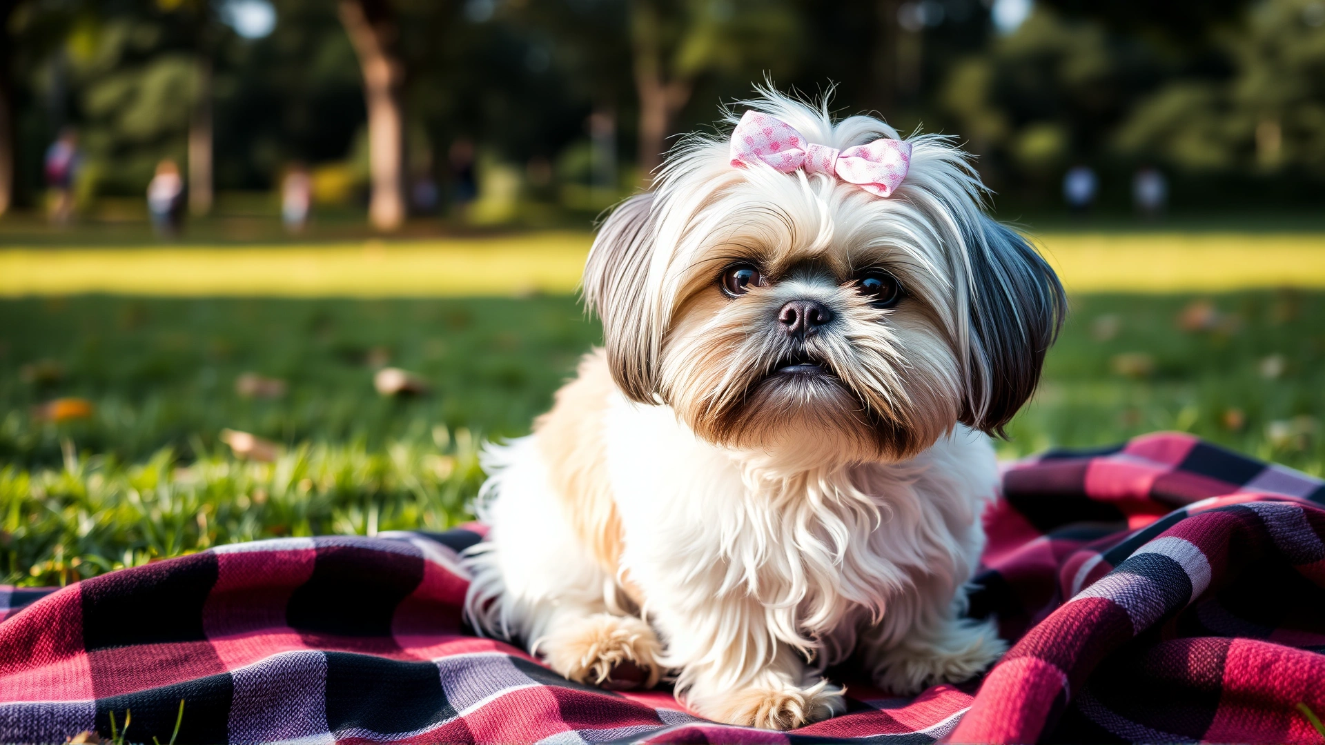 A Shih Tzu with a bow in its hair sitting on a picnic blanket in a park.