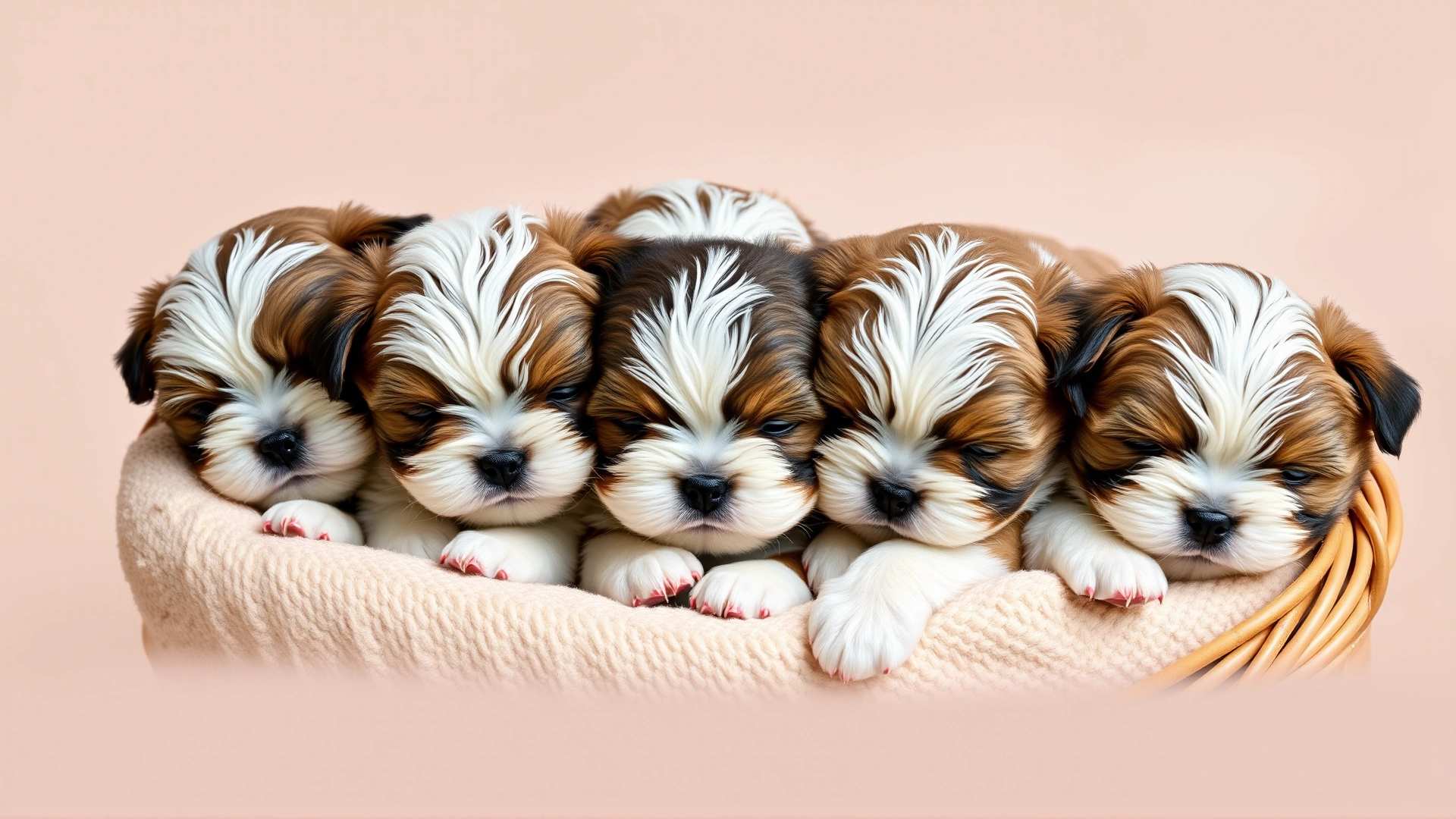 Litter of Shih-Poo puppies cuddling together in a cozy basket with a neutral background.