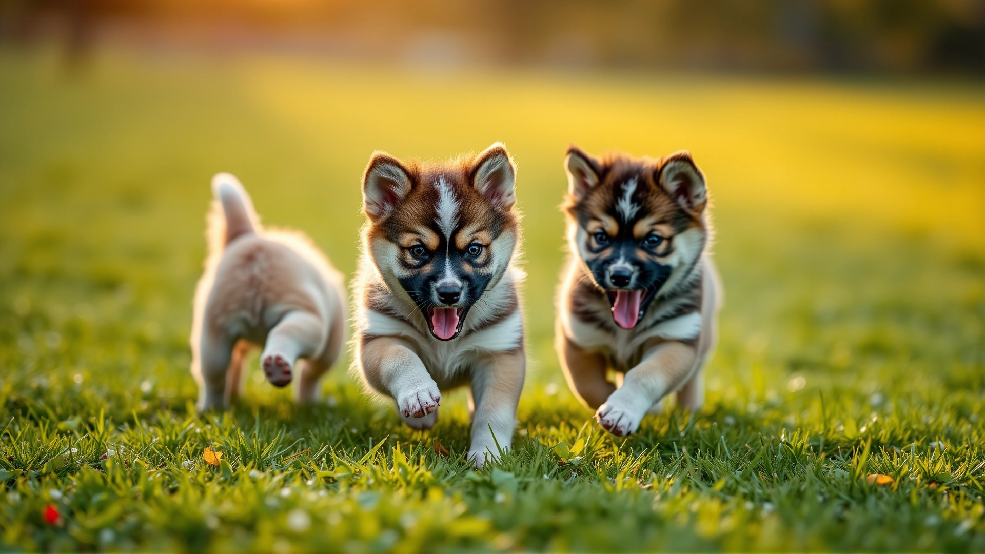 Three playful Shikoku puppies chasing each other on soft green grass under warm afternoon light.