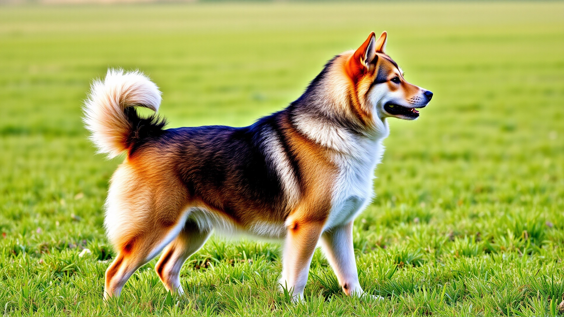 Full-body side profile of an adult Shikoku dog in an open grassy field, showing its curled tail and sesame coat.