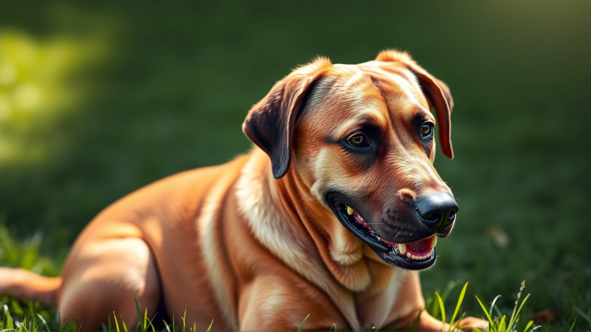 Portrait of a healthy adult dog with a glossy coat sitting on green grass under soft sunlight
