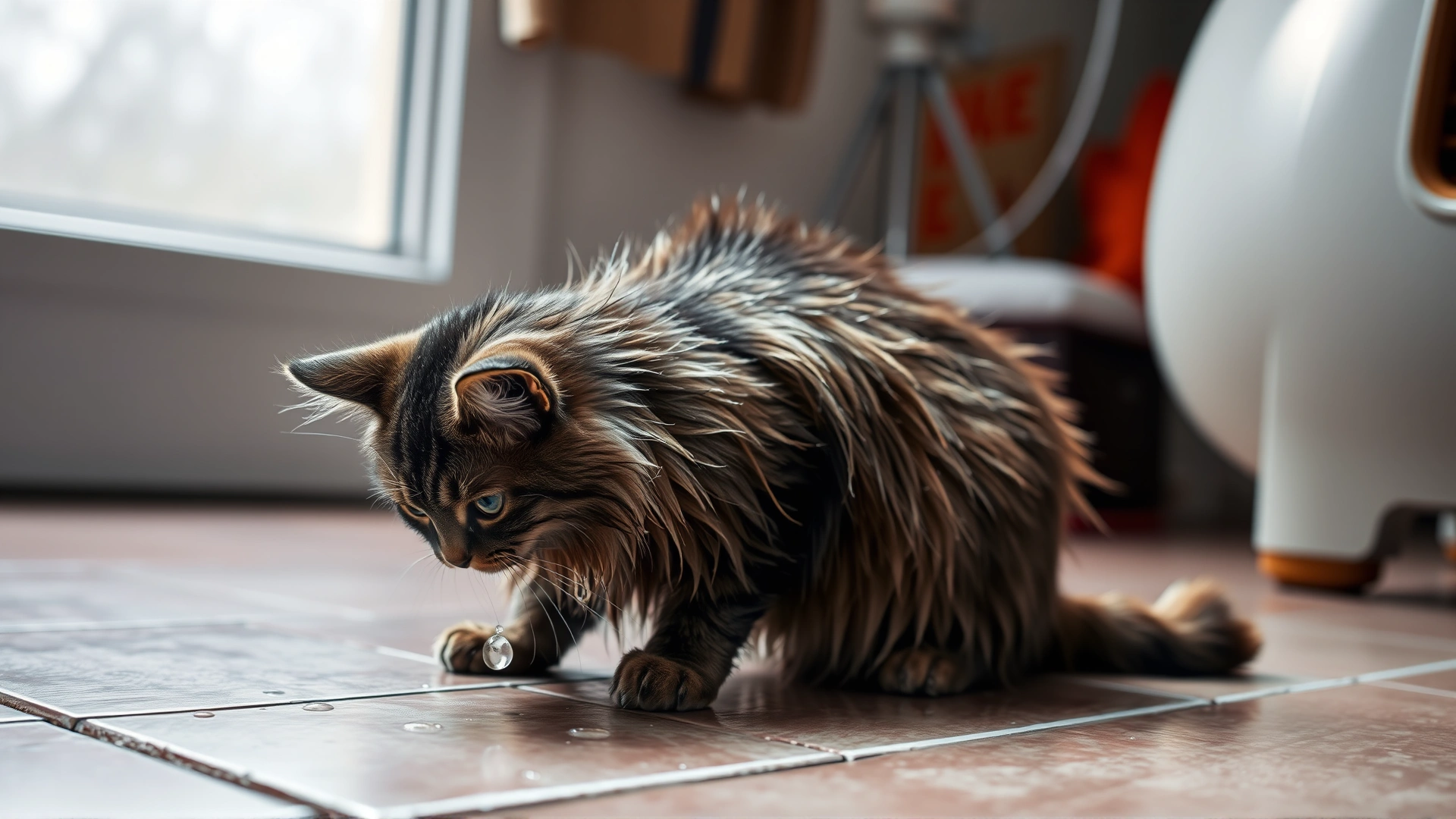 Indoor shot of a wet long-haired cat shivering slightly on a tiled floor, with water droplets on its fur and a heater in the blurred background (no text).