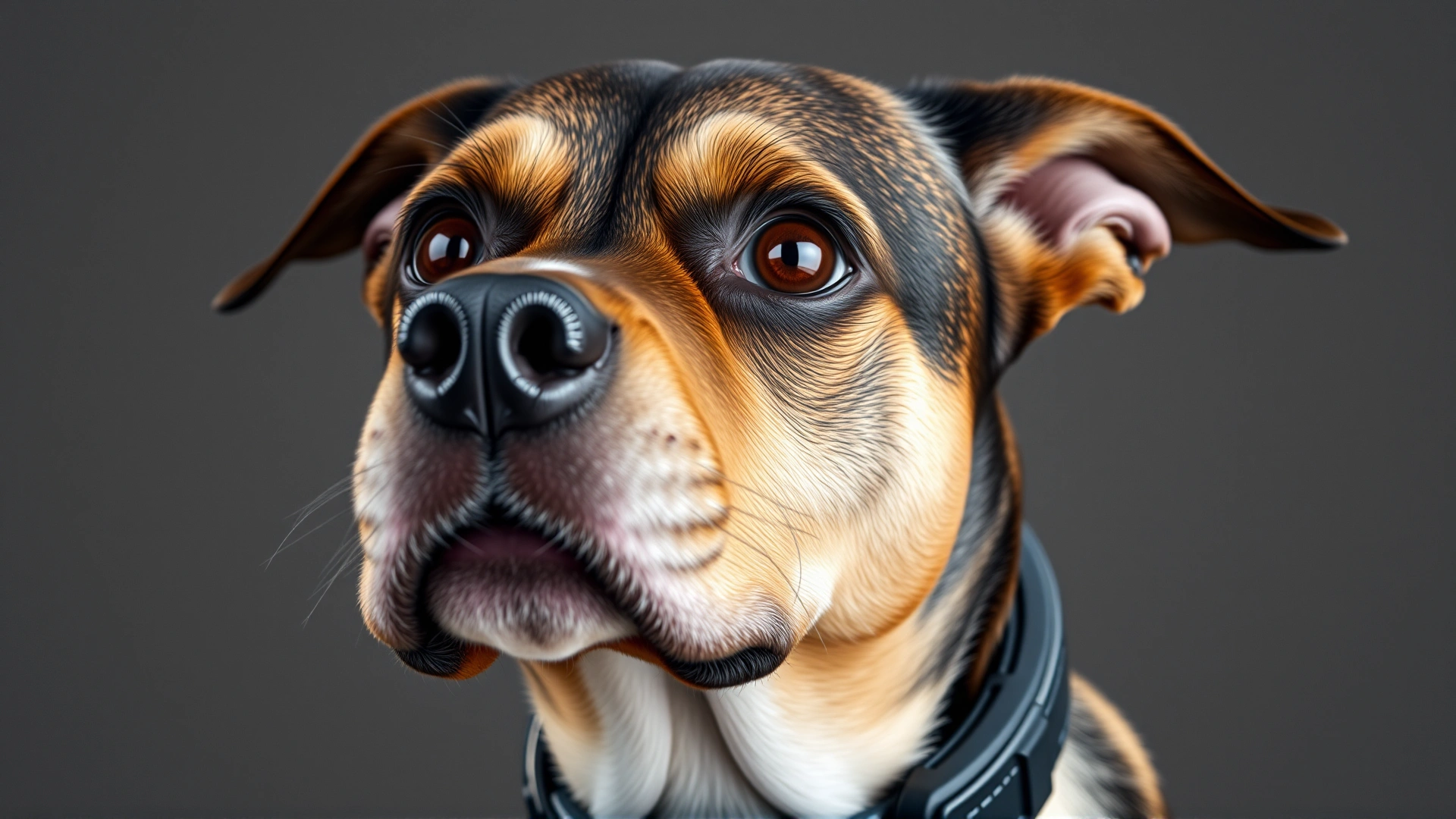 Close-up shot of a dog wearing an electronic shock collar with a concerned expression.