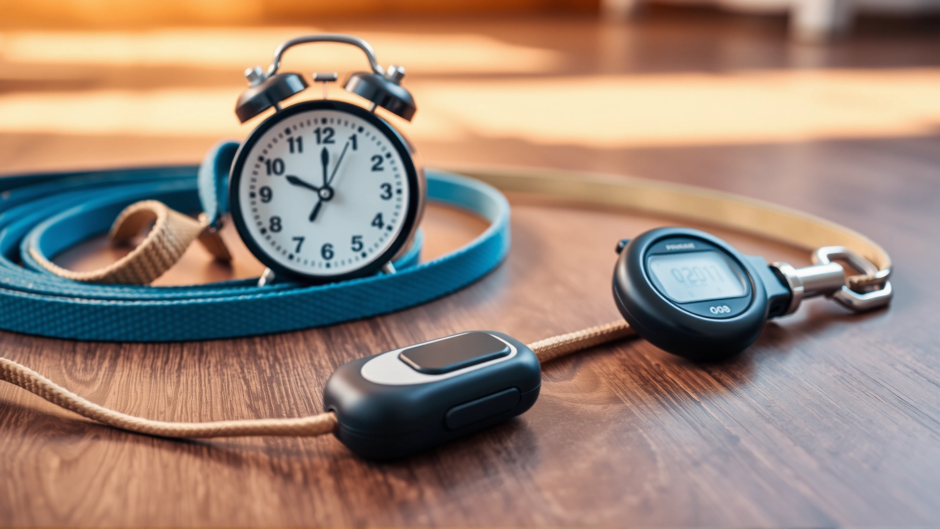 Alarm clock next to dog leash and clicker on wooden floor, symbolizing short training sessions, no text.