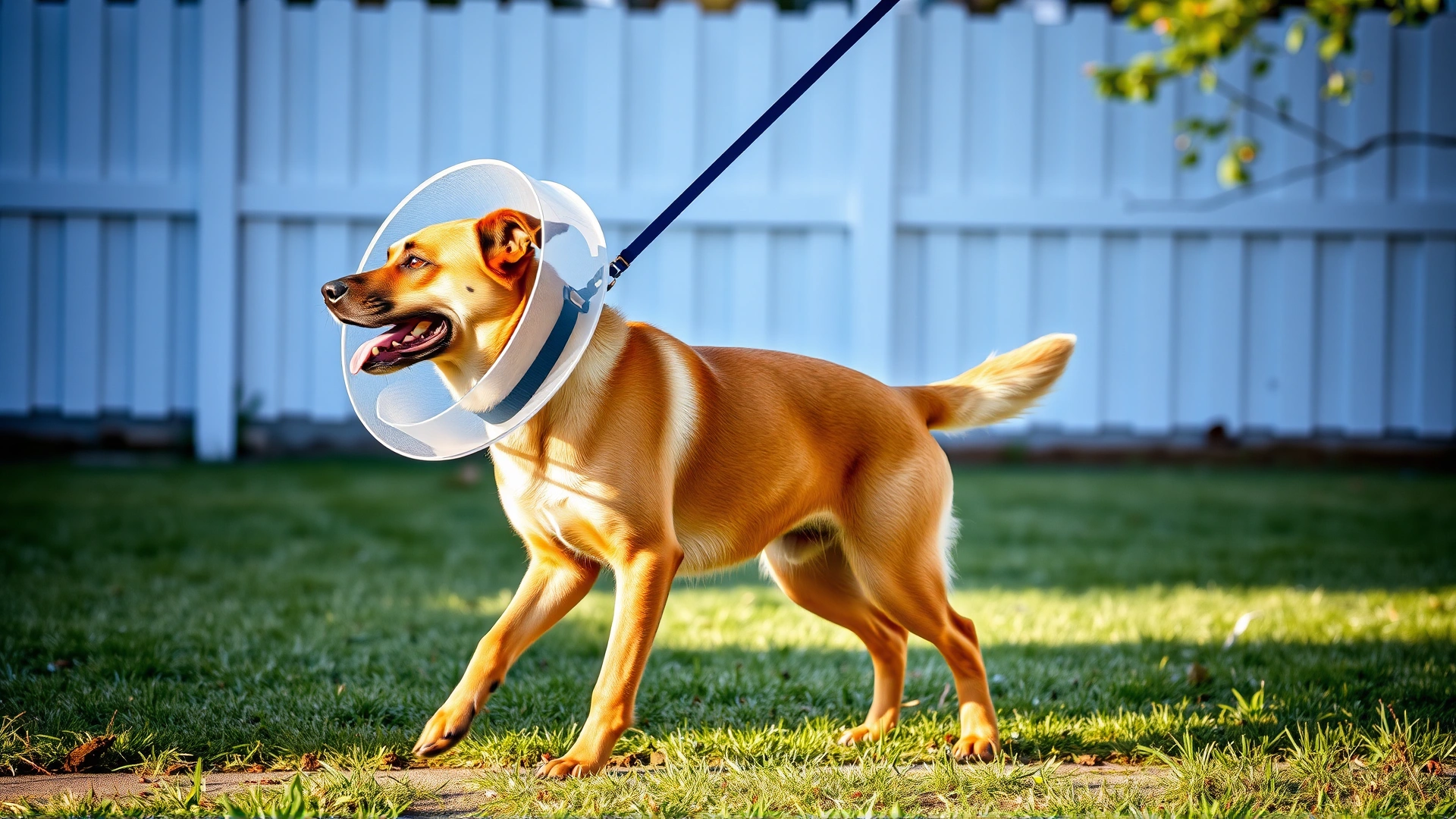 Dog on a short, controlled leash walk in a quiet backyard, wearing a recovery cone and walking slowly beside its owner’s legs.