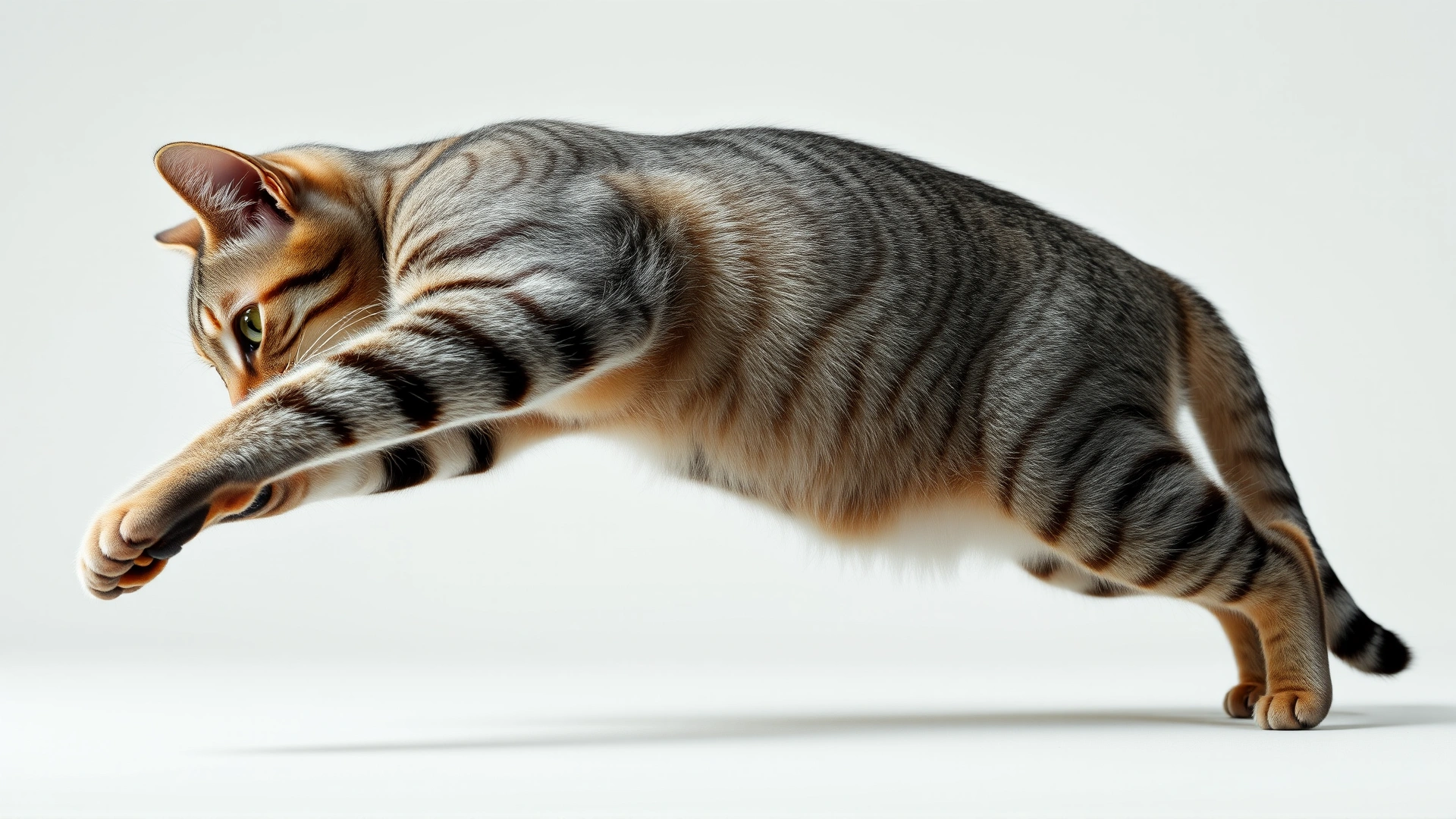 Photo of a tabby cat stretching its front leg forward, highlighting the shoulder area, neutral background