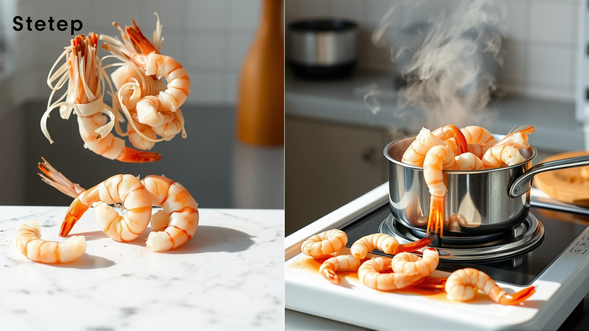 Step-by-step composition showing peeled shrimp, removed shells and tails, and shrimp being steamed in a small pot on a stovetop, bright kitchen scene, no text