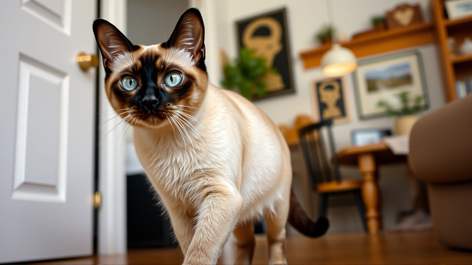 Full-body photo of a Siamese cat walking confidently inside a cozy home environment, slight cross-eyed appearance visible.