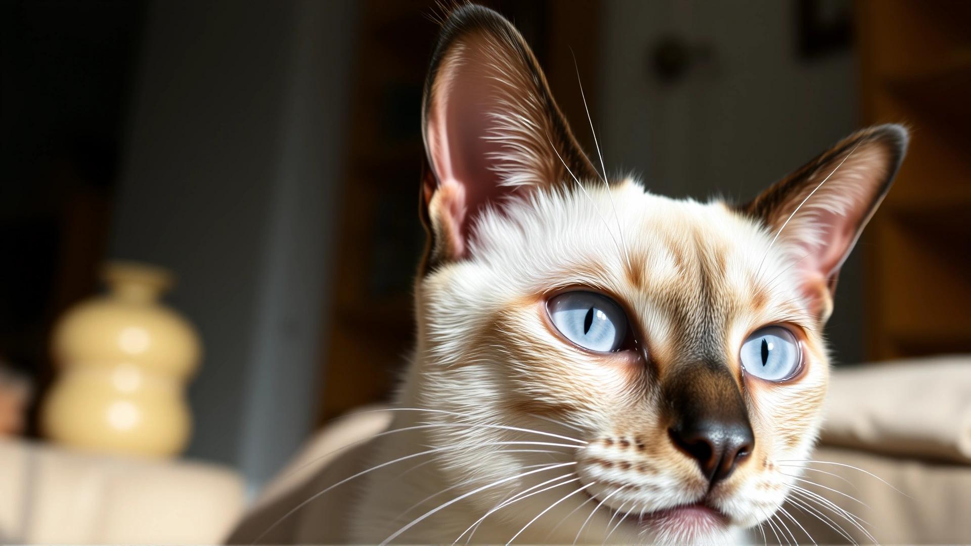 A Siamese cat looking alert at home, soft natural light, showcasing the breed’s distinctive blue eyes and cream coat.