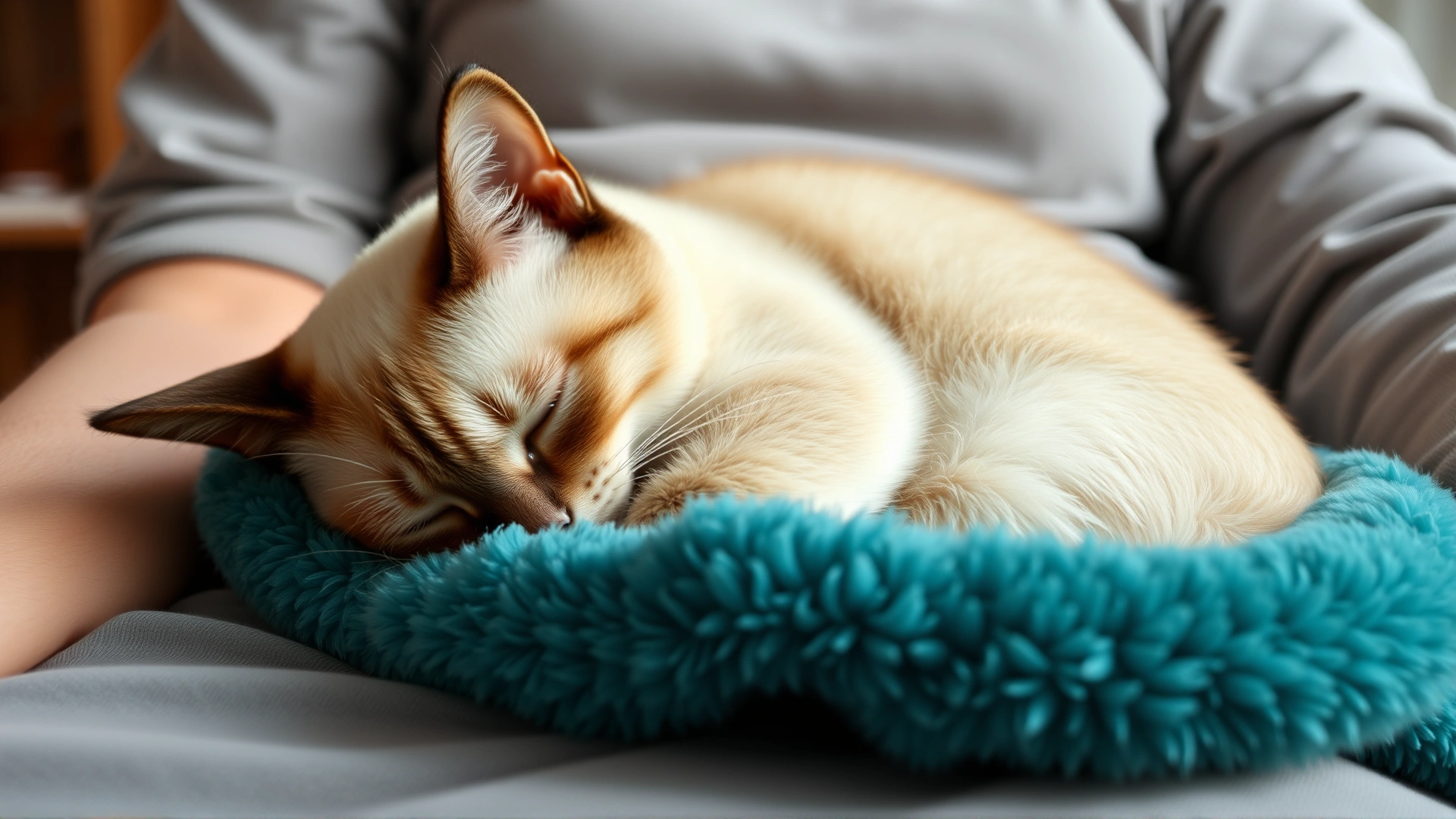 Siamese adult cat calmly curled on owner's lap with a plush teal throw, eyes closed, daylight, home interior