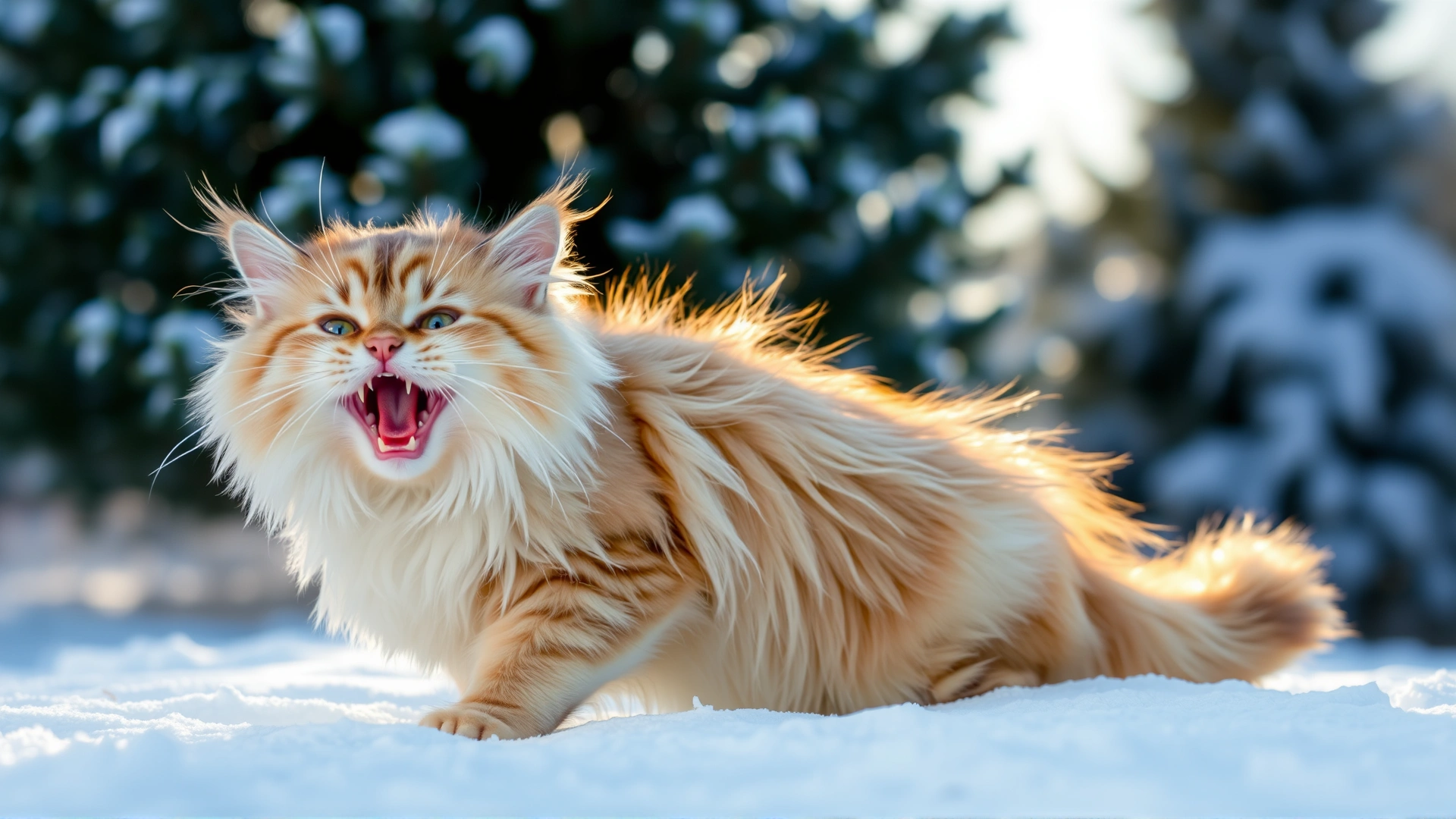 Fluffy Siberian cat joyfully playing in light snow outdoors with evergreen trees in the background, no text.