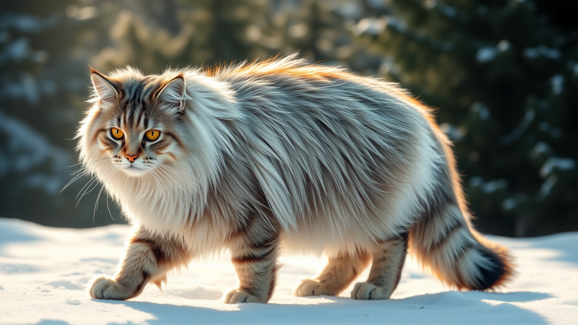 Siberian cat walking through light snow with evergreen trees in background, emphasizing its dense coat.