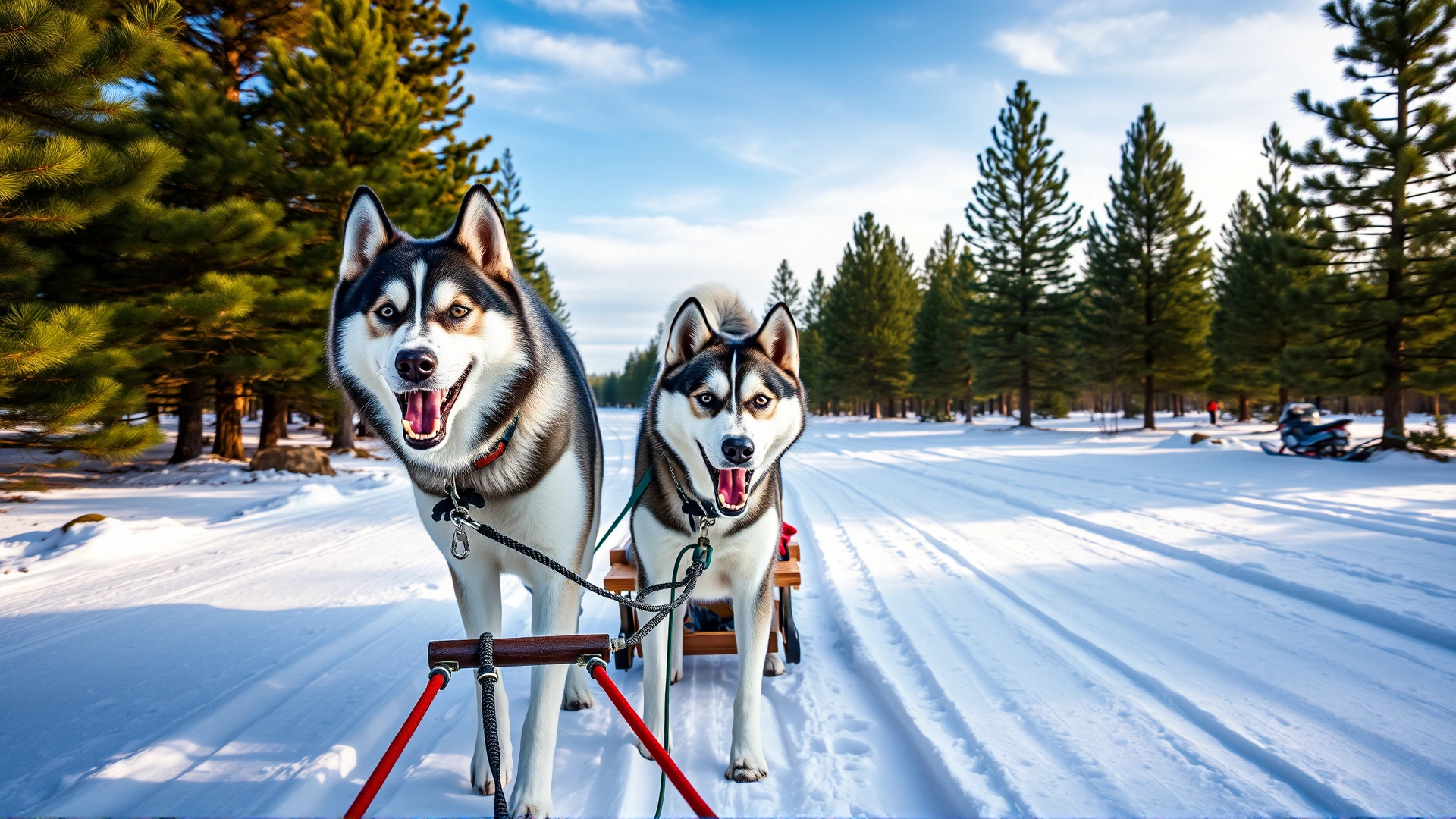 Siberian Husky pulling a small sled on fresh snow with pine trees in background, blue sky overhead.