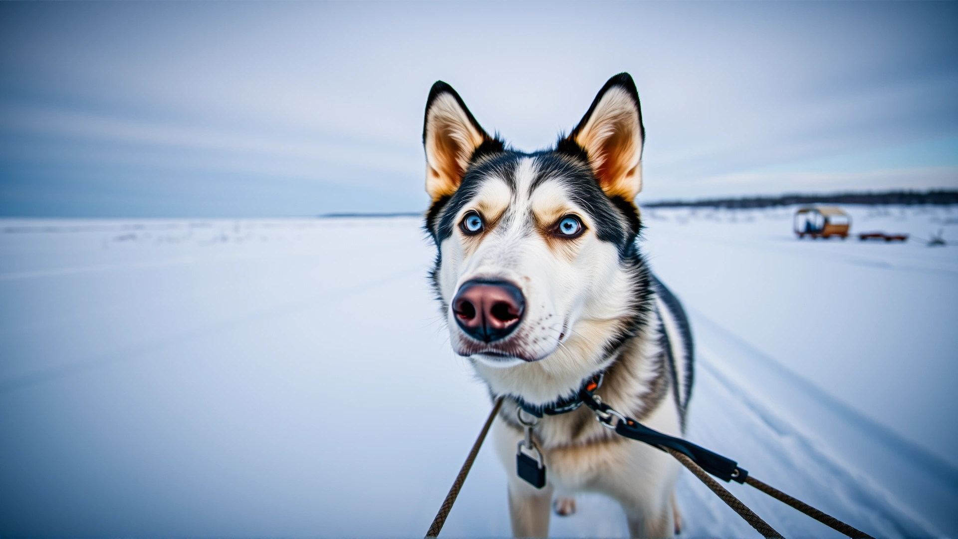 A Siberian Husky pulling a sled through a snowy landscape, blue eyes focused ahead.