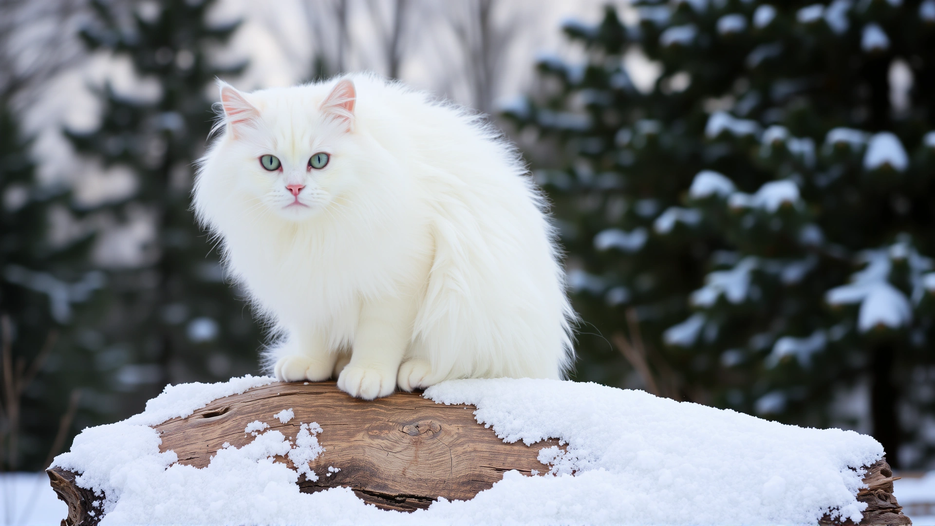 White Siberian cat outdoors on a snowy log, thick coat visible, pine trees in background, no text