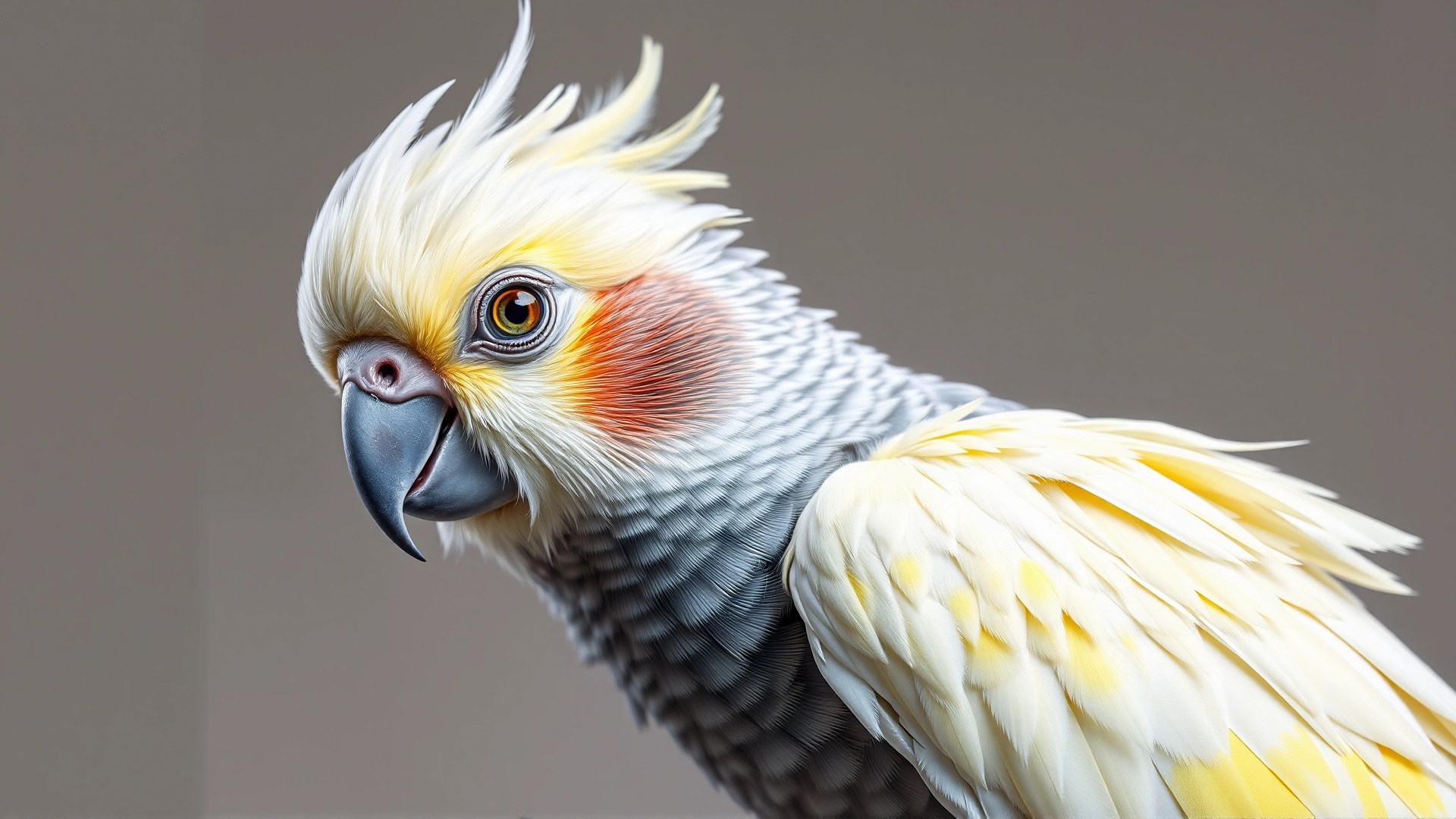 Portrait of a cockatiel with ruffled feathers, watery eyes, and lethargic posture, against a neutral background