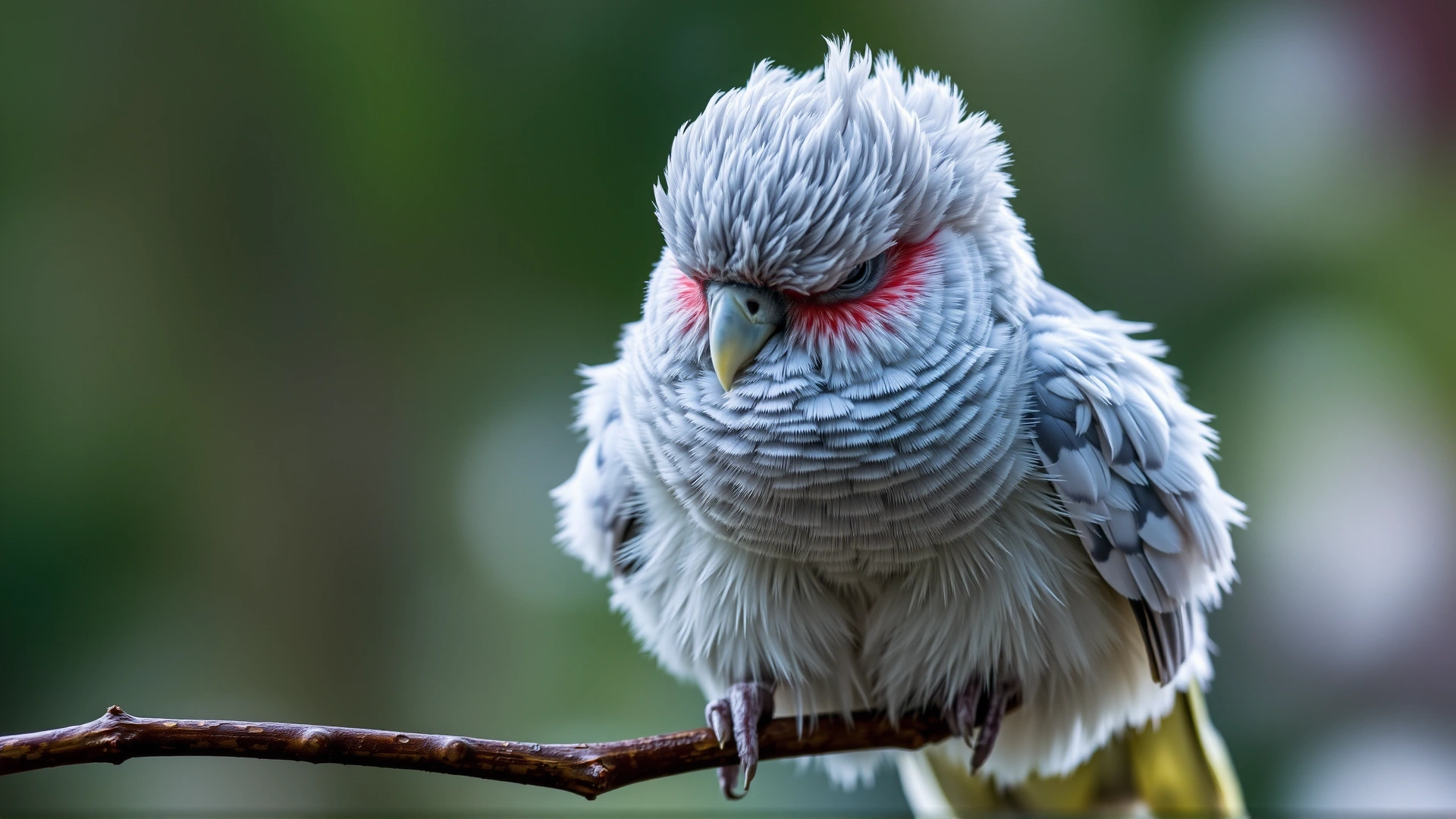 A fluffed-up cockatiel perched on a branch looking lethargic, feathers puffed and eyes half-closed, to illustrate initial signs of illness.