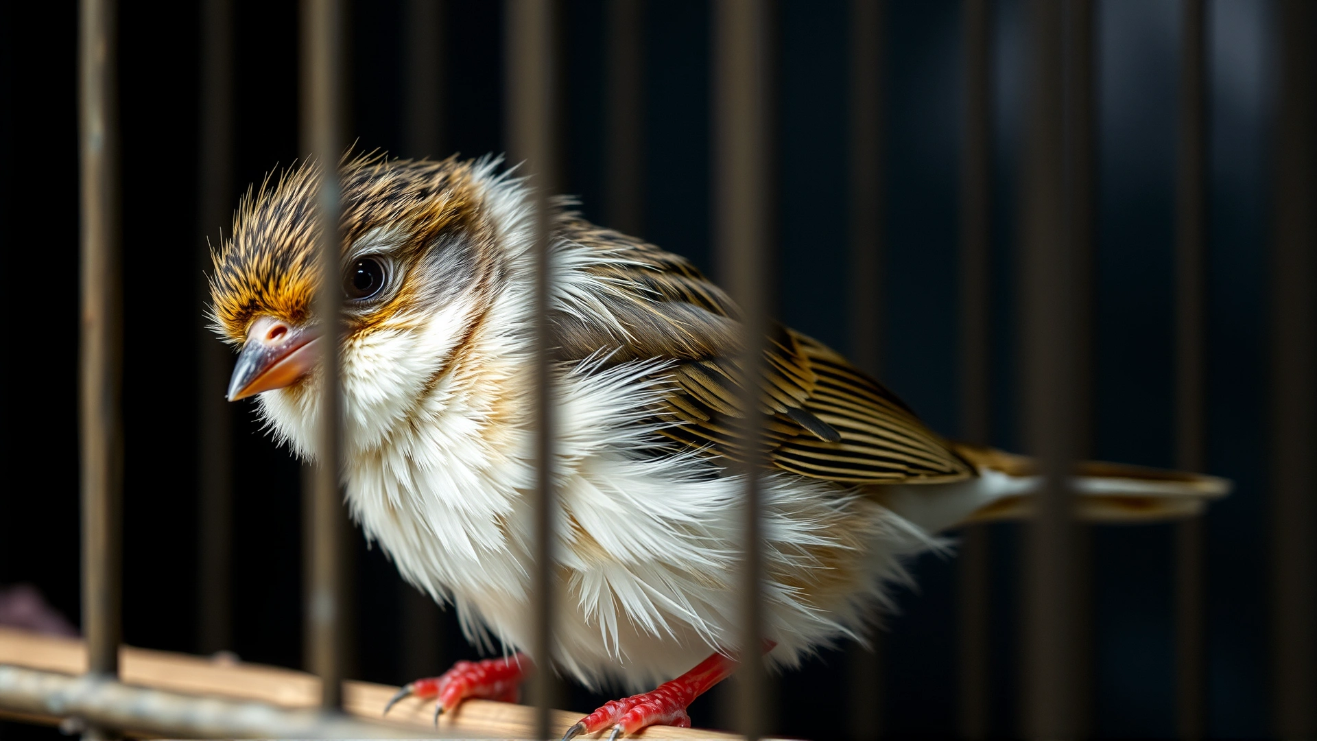 A small bird inside a cage looking lethargic with fluffed feathers, muted colors and soft lighting to convey illness, no text